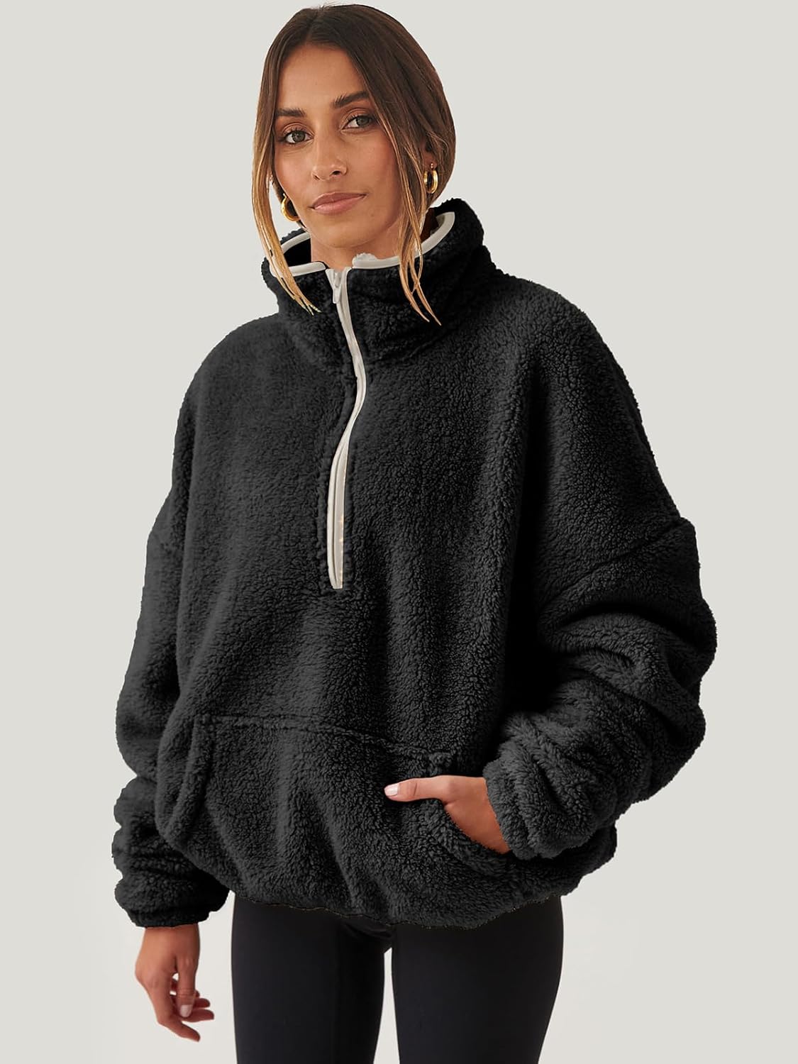 ANRABESS Sweatshirt for Women Zip Up Hoodies Cropped Pullover Fleece Hooded Sherpa Sweaters Tops 2025 Fall Winter Clothes - Image 3