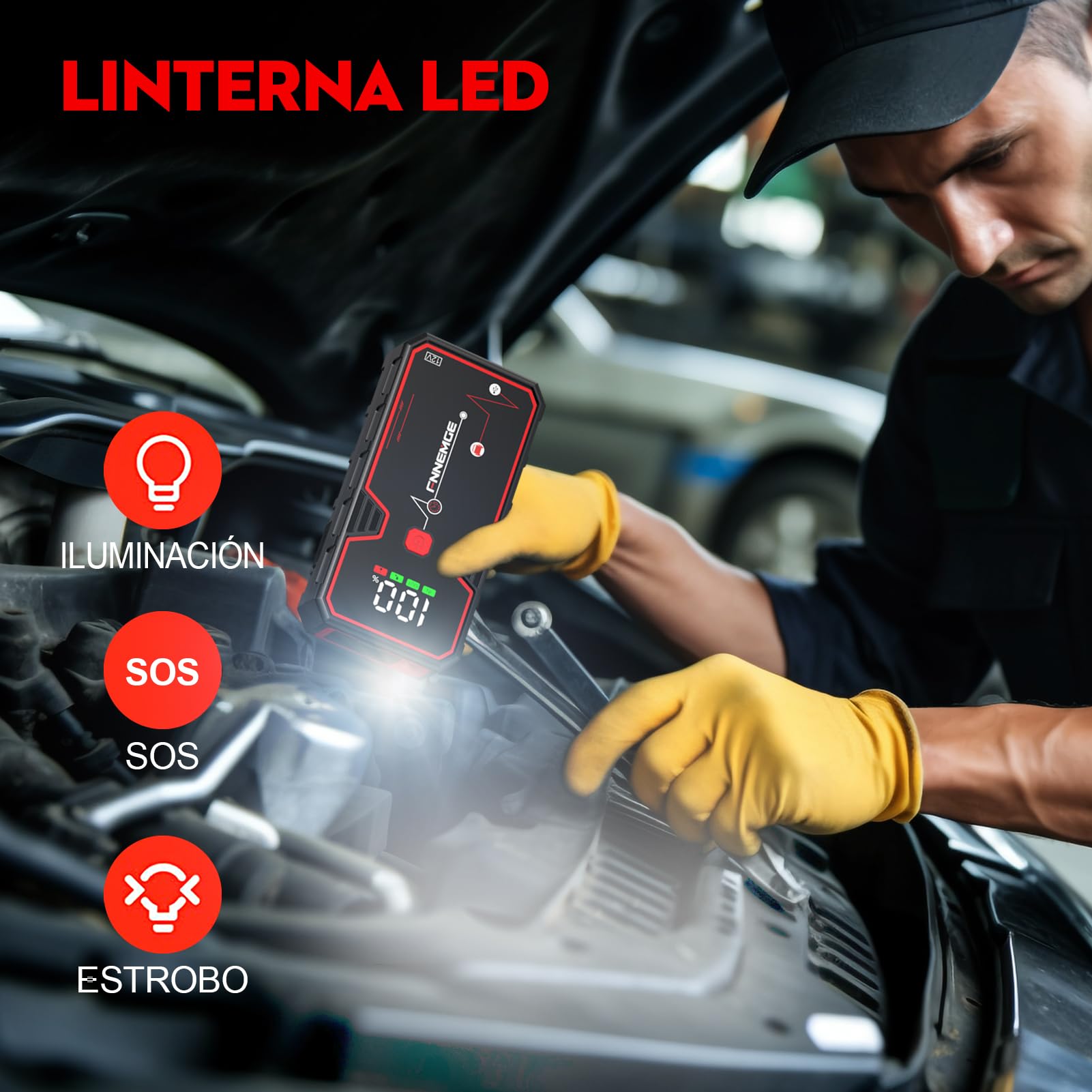 FNNEMGE Arrancador de Coches, 5000A 23800mAh Arrancador Batería Coche (para Todo vehículo de Gasolina o 8,0L de Diesel),Booster Bateria, con Puerto de Salida USB, Luz LED, Pantalla Grande HD.