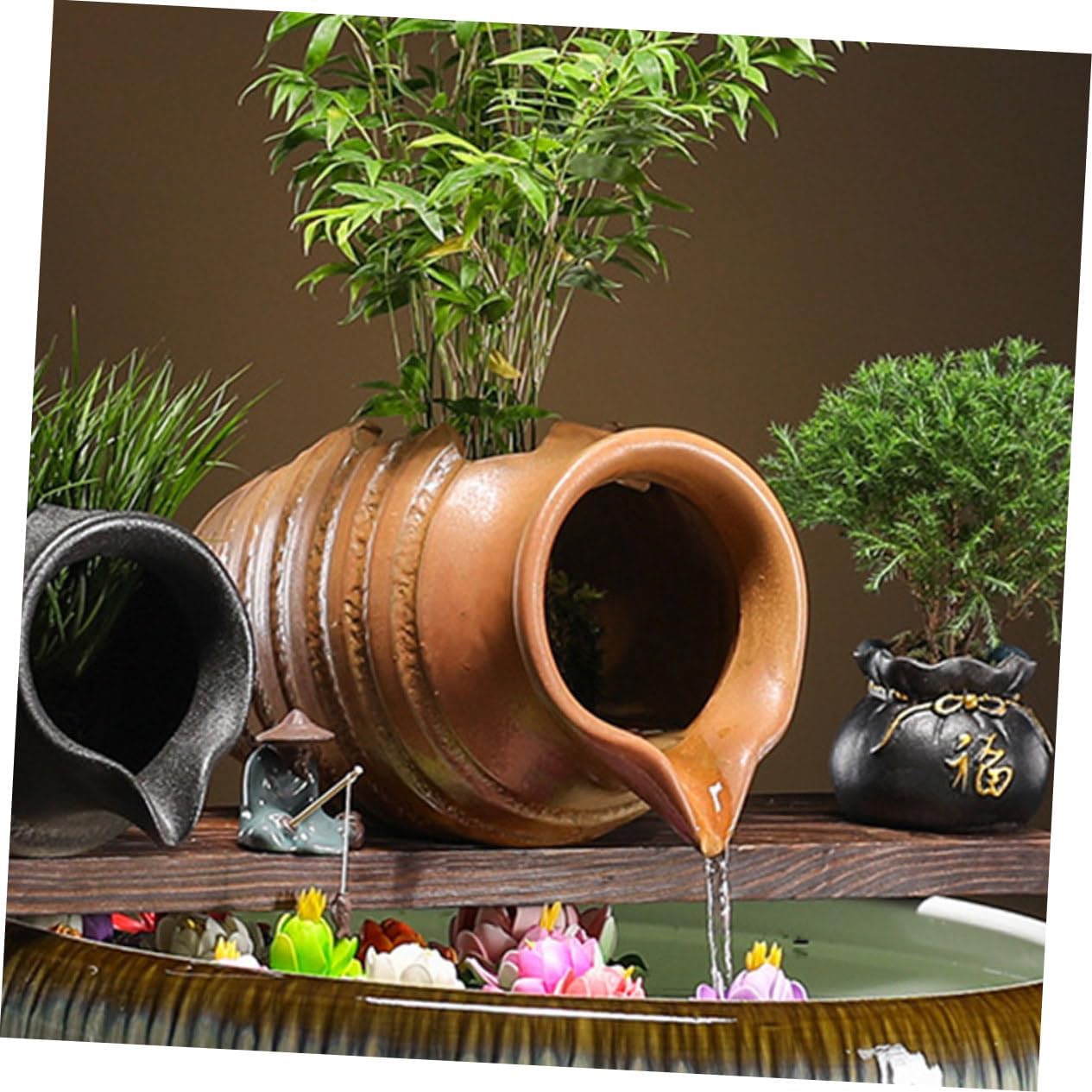 Ceramic Waterfall Jar Fountain Decor Hydroponic Planter Circulating Water Flow for Indoor and Outdoor Garden Decoration