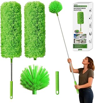 Cobweb Duster with Extension Pole, Washable Cleaning Duster Kit with 3 Duster Heads, Cobweb Duster, Corner Brush, Aluminum Telescoping Pole for high Ceiling Fan,Spider Web Brush with Extension Pole