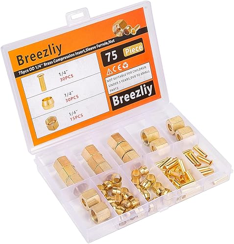 Miniatura 16 de Kit surtido de accesorios de compresión de 1/4 de pulgada, 60 manguitos de compresión de latón, 60 insertos de latón y 20 tuercas, se utiliza