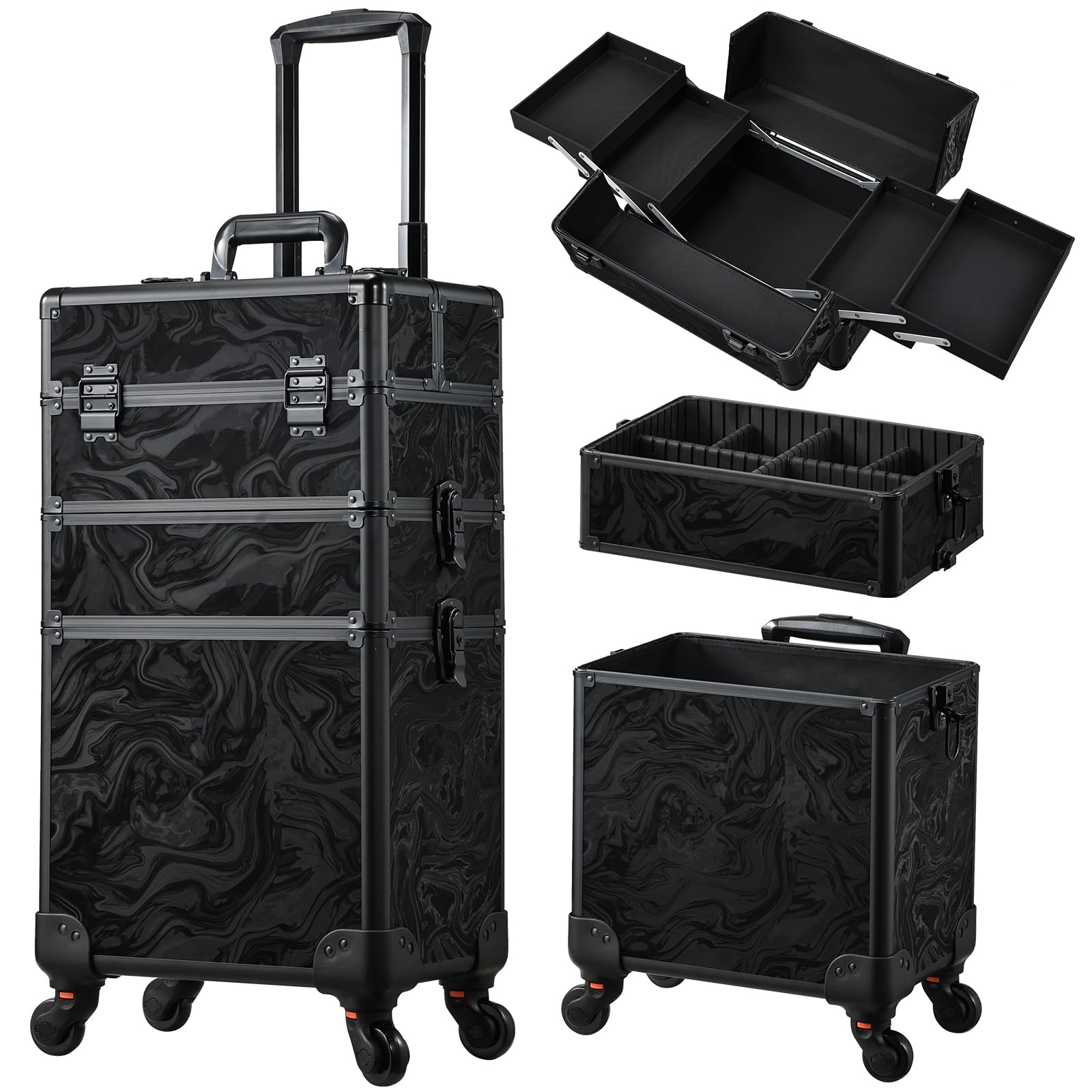FRENESSA 3 in 1 Rolling Makeup Train Case Professional Cosmetic Trolley Large Storage with Keys Swivel Wheels Salon Barber Case Traveling Cart Trunk for Make Up Hairstylists Nail Tech, Alpine Black