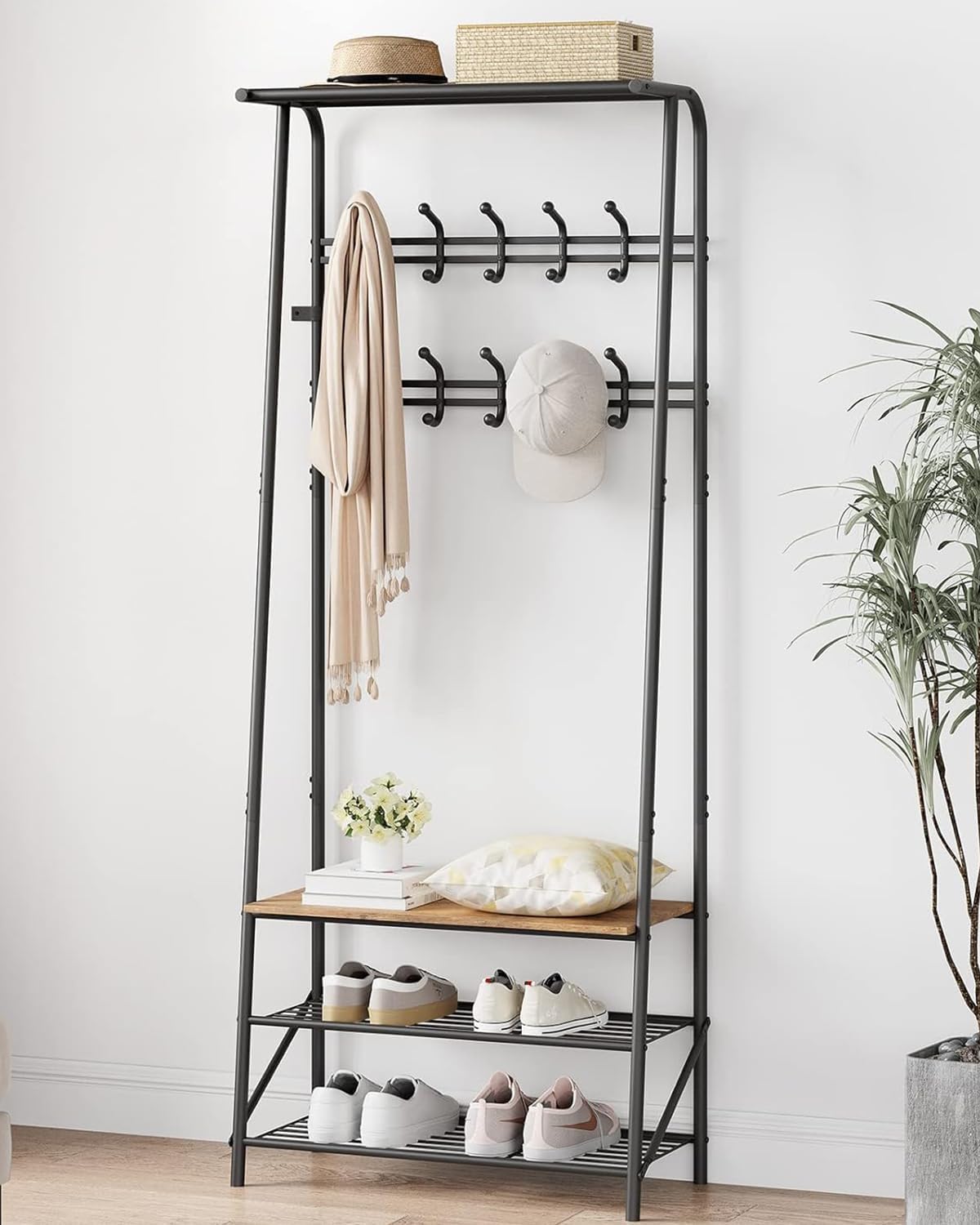 GarveeHome Coat Rack, Hall Tree with Bench and Shoe Storage, Entryway Bench with Coat Rack, 8 Hooks and 3 Tier Shoe Storage, Metal Frame for Entryway, Hallway, Front Door, Rustic Brown