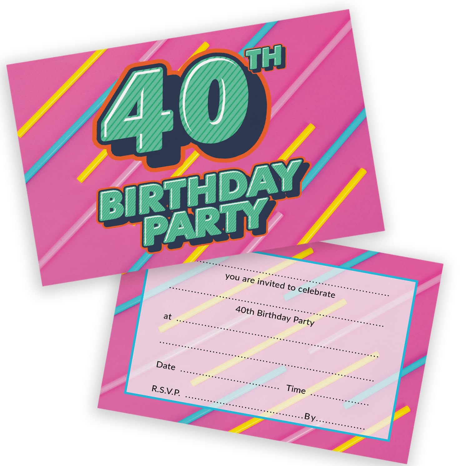 40th Birthday Party Invitations Men Women - Funky Colours 20 Pack - Adults Birthday Invitations for Friends Family A6 Bday Party Invites Invitation Cards with Folding Envelopes