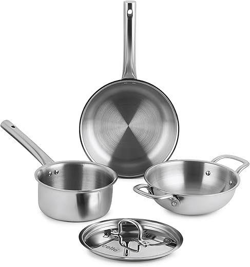 Cello Divine 3-Piece Stainless Steel Meta Tuff Tri-Ply Cookware Set (20 cm Fry Pan, 20 cm Kadai with Steel Lid, and 16 cm Saucepan) | Heavy-Gauge…