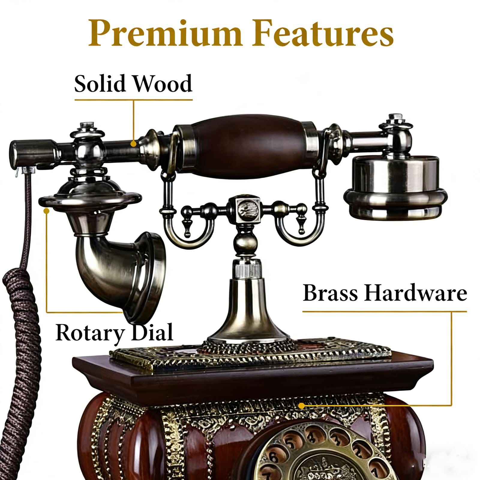 Telefono Vintage in Legno con quadrante Rotante, Telefono retrò con Filo, Telefono Fisso in Stile Antico Classico con Dettagli in Metallo per l'arredamento di casa e Ufficio. Stile