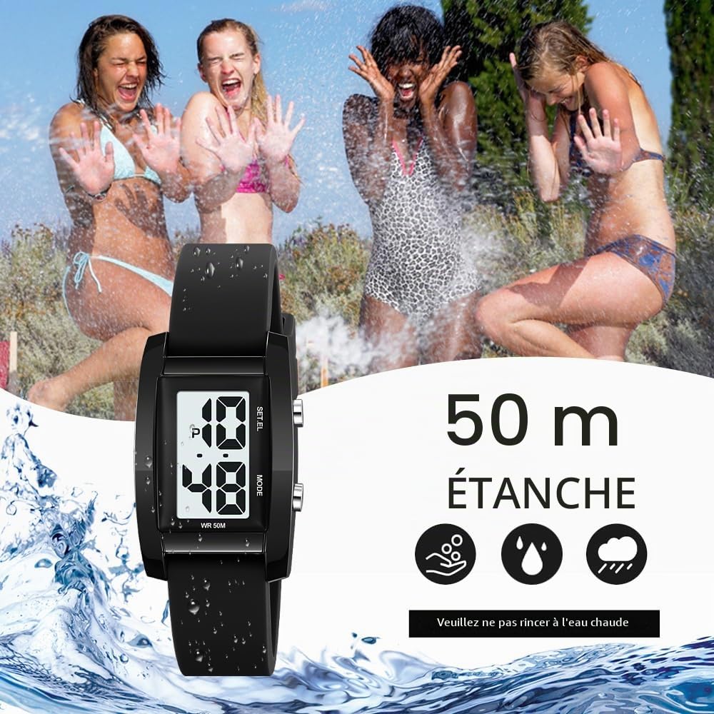 findtime Montre numérique étanche pour femme - Montre de sport à grands chiffres - Facile à lire avec rétroéclairage LED