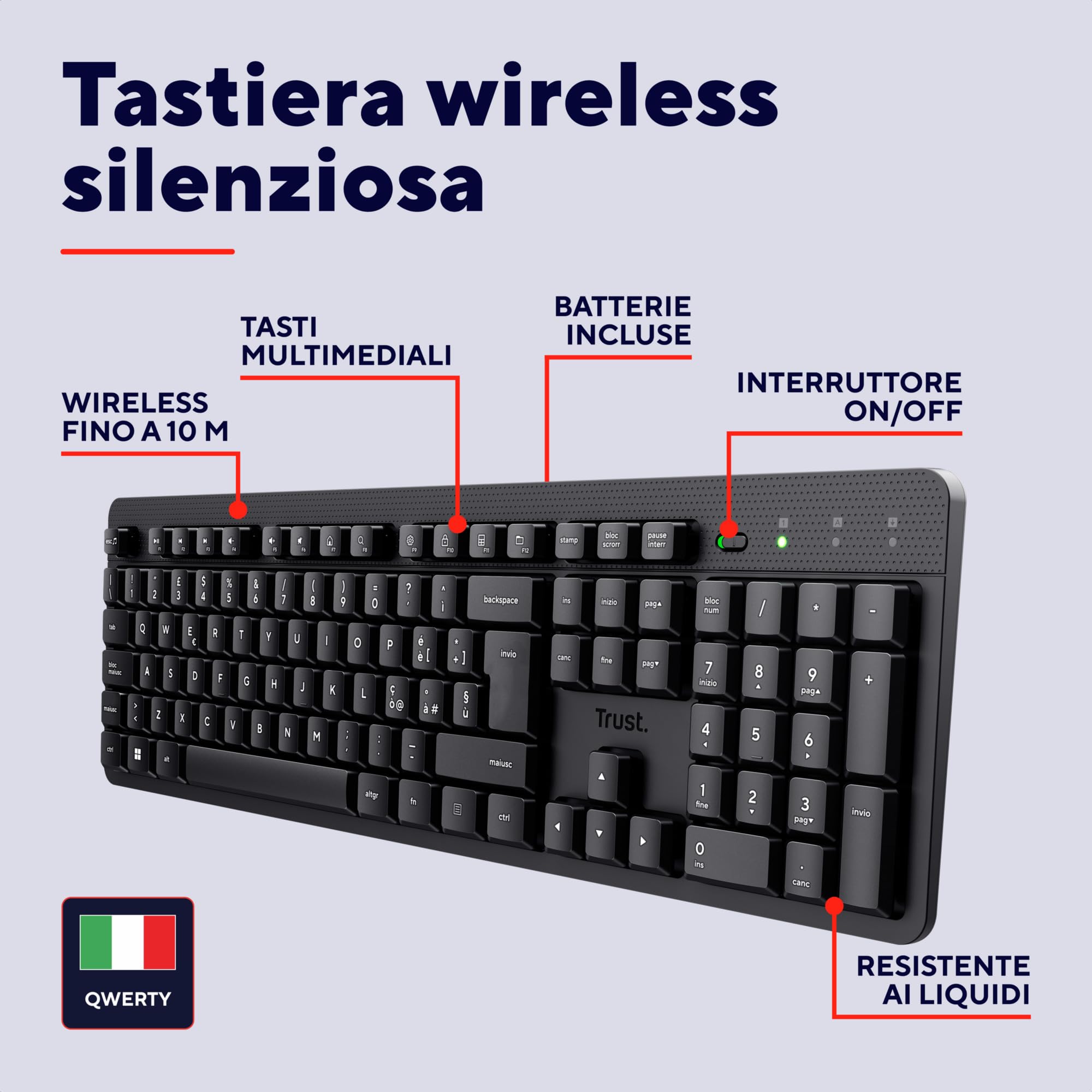 Trust Ody II Tastiera Wireless Silenziosa Layout Italiano QWERTY, Tasti a Profilo Ribassato, Resistente agli Schizzi, Ricevitore USB 2.4GHz, Tastiera PC Senza Fili, Keyboard per Laptop, Mac - Nero