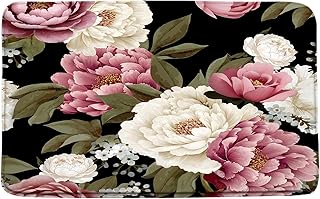 Black Floral Bath Mat Vintage Burgundy Red Pink Rose Flower White Peony ...