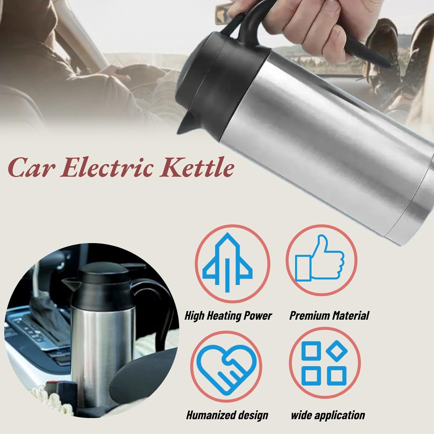 Car Electric Kettle, 750ml 12V Car Stainless Steel Cigarette Lighter Heating Kettle, Electric Travel Bottle, for Heating Water Coffee Milk Tea