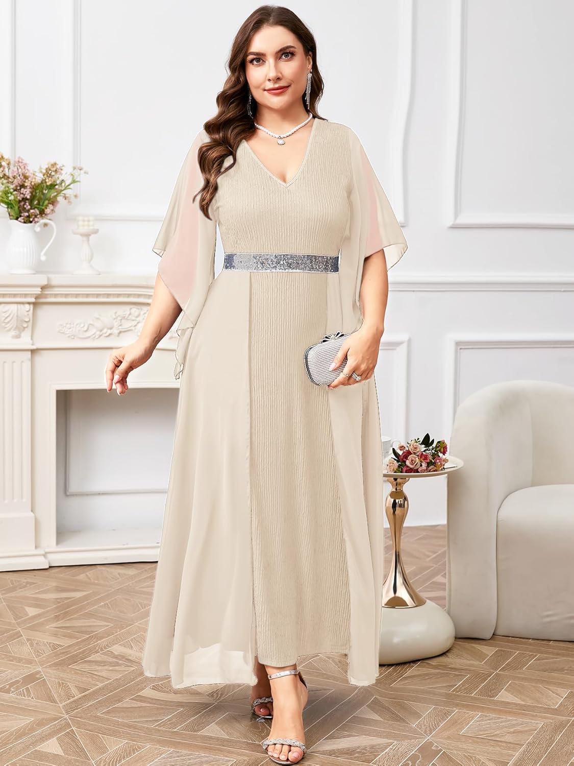 ZOMVA Plus Size Formal Dress V Neck Chiffon Handkerchief Sleeve Mother of Bride Dresses Wedding Guest Party Evening Gown - Image 4