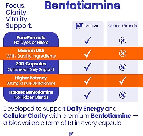 Miniatura 6 de HealthFare Benfotiamina 300 mg 200 cápsulas Vitamina B1 de tiamina soluble en grasa Apoya el metabolismo de la glucosa, la salud