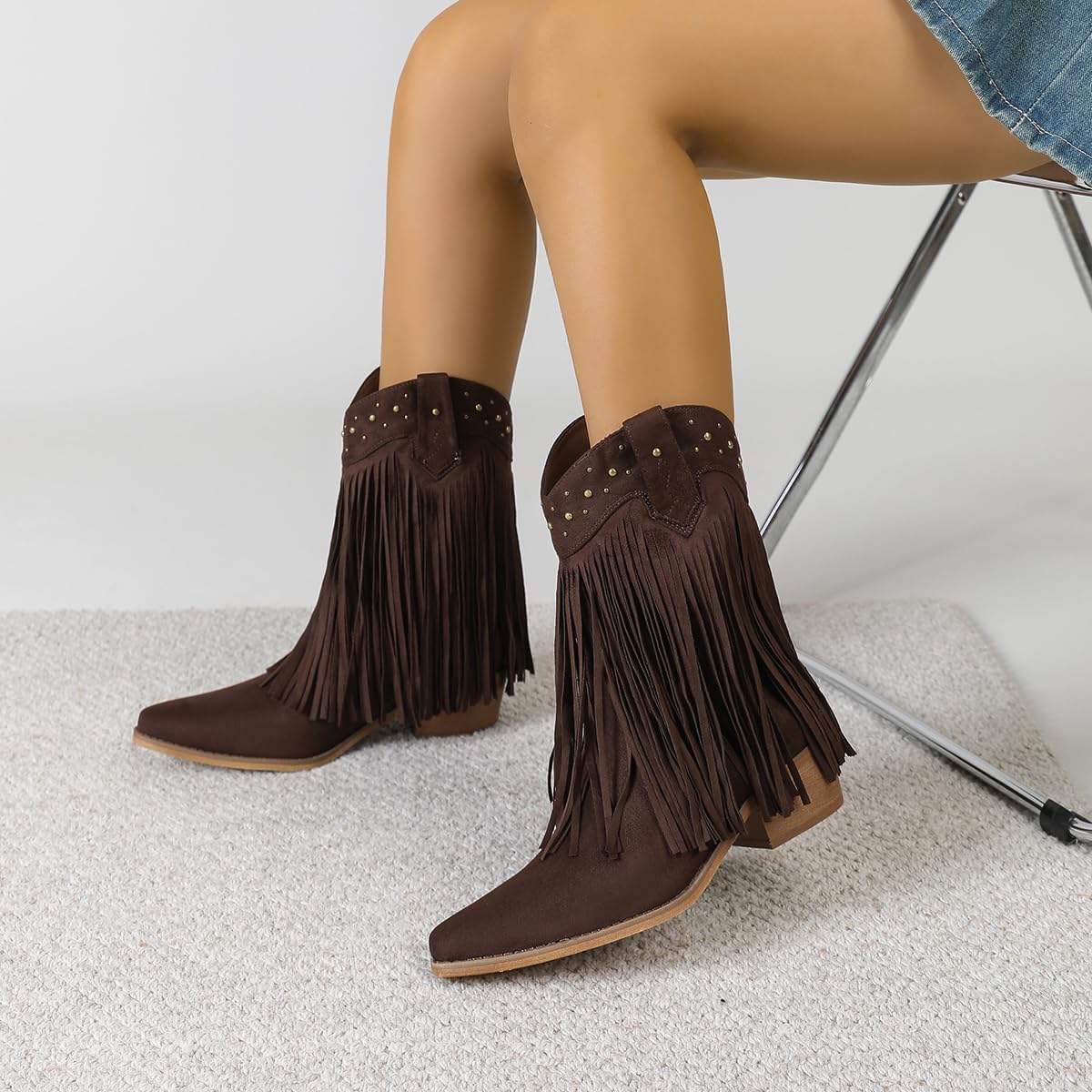 Amoji Women Western Cowboy Boots Cowgirl Mid Calf Boots Pull On D307
