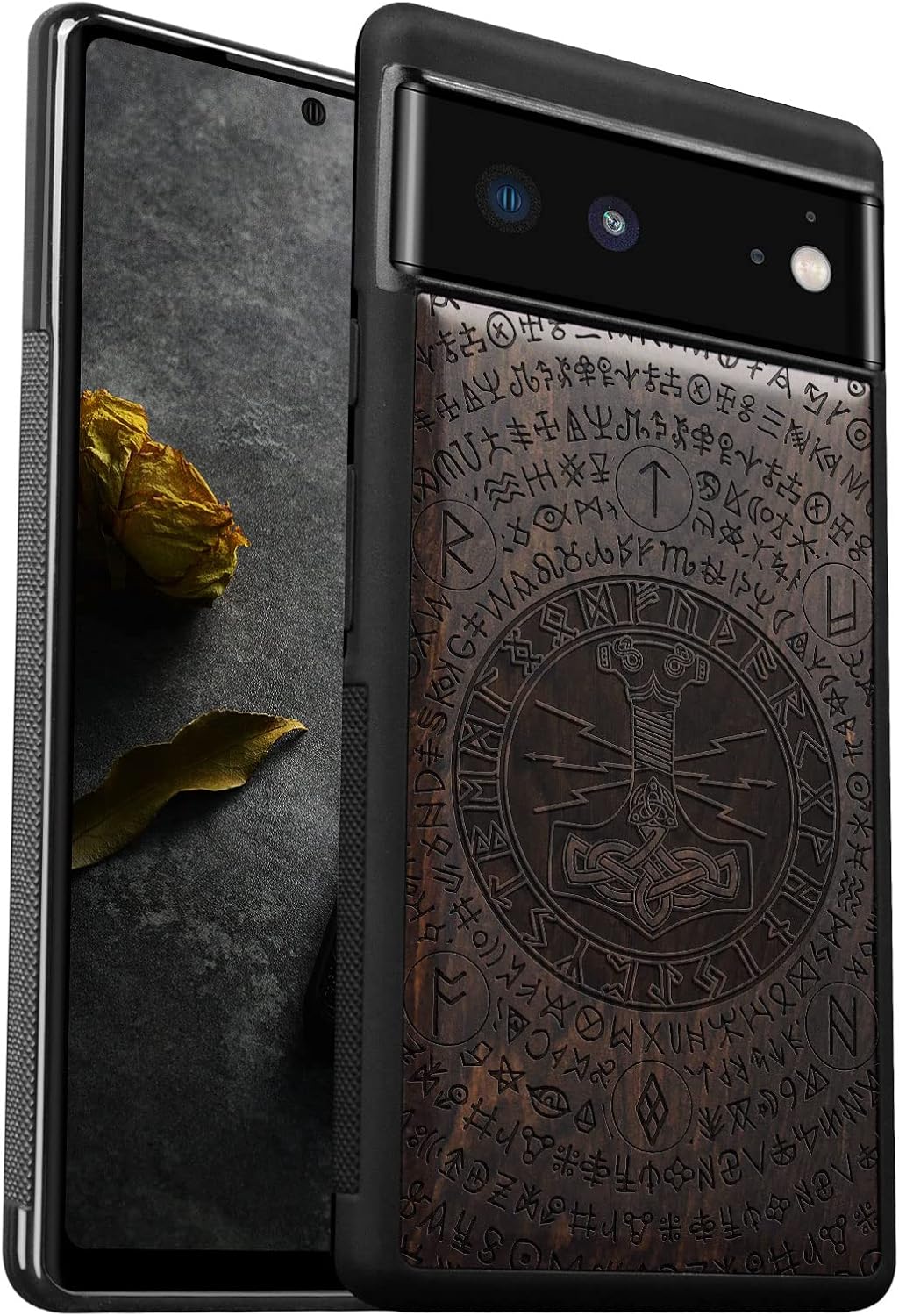 Carveit Wood Case for Pixel 6 Case [Natural Wood & Black Soft TPU] Shockproof Protective Unique & Classy Wooden Cover Compatible with Google Pixel 6 (Wolf-Walnut)