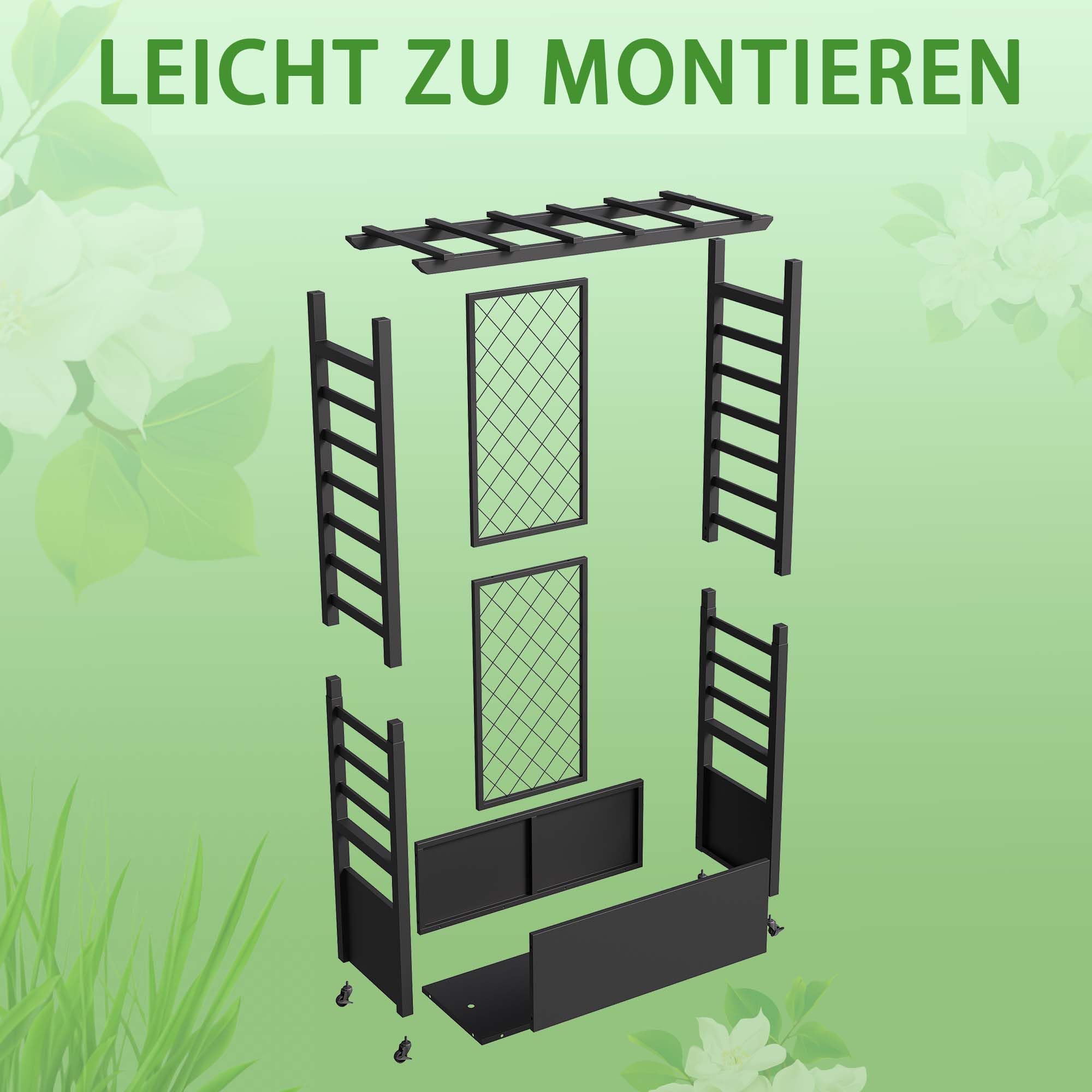 Hochbeet mit Rankgitter und Hängedach, wetterfester Metall-Pflanzkasten mit 4 Rollen und 2 seitlichen Rankgittern für Kletterpflanzen, mobiler Sichtschutz für Terrasse, Balkon und Garten