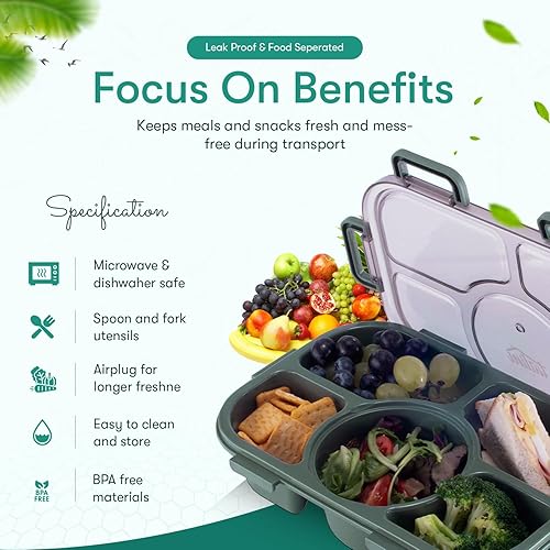 Miniatura 4 de Tarlini - Caja Bento verde para adultos, contenedor de 5 compartimentos con separadores para comidas equilibradas, caja Bento japonesa segura para