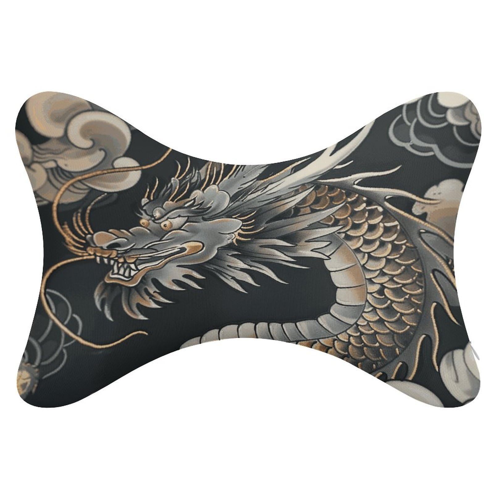 JTREHY Black Oriental Dragon Car Neck Pillow Dog Bone Shaped Travel Neck Headrest Back Chiropractic Car Support Pillow Adjustable Strap Sofa Lounge Chair Head Pillows for Car Seat