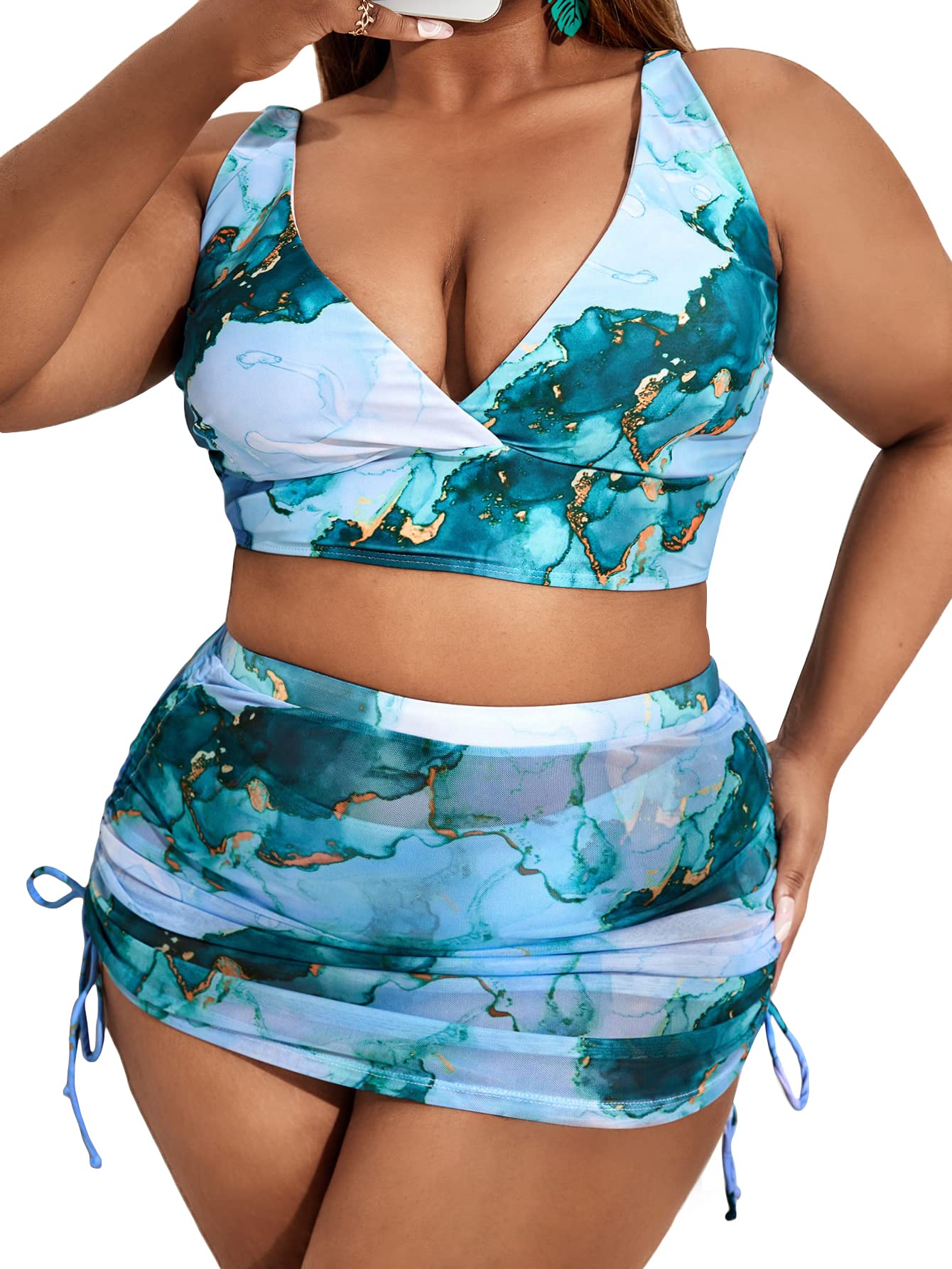SOLY HUXWomen's Plus Size Marble Print V Neck Bikini Bathing Suits with Drawstring Beach Skirt 3 Piece Swimsuits