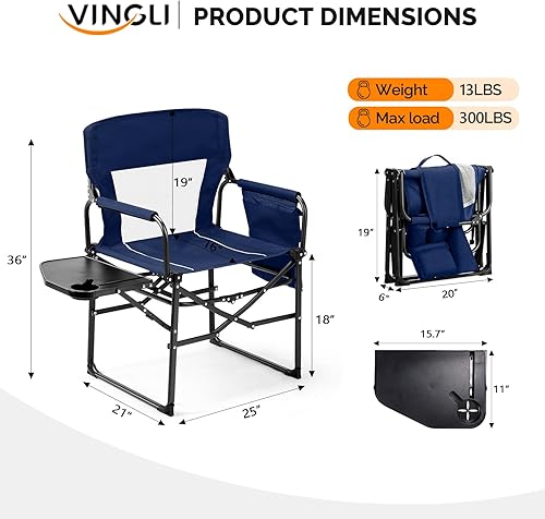 Miniatura 6 de VINGLI Sillas de campamento, silla de directores, silla de camping con mesa auxiliar y bolsa de transporte, sillas de campamento resistentes para