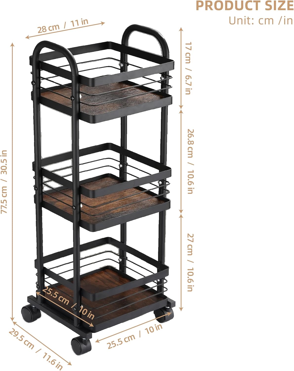 CHPHI 3 Tier Rolling Utility Cart Organizer, Stable and Sturdy Black Rolling Storage Carts with 2 Lockable Wheels, Multifunctional Storage for Kitchen, Bathroom & Laundry