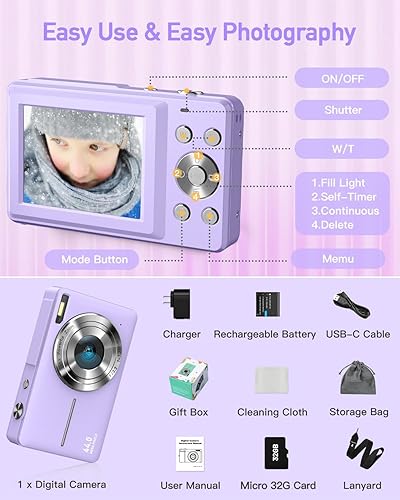 Miniatura 7 de Cámara digital, cámara FHD 1080P para niños, cámaras de apuntar y disparar de 44 MP para fotos con tarjeta de 32 GB, zoom 16X, cordón, mini cámara