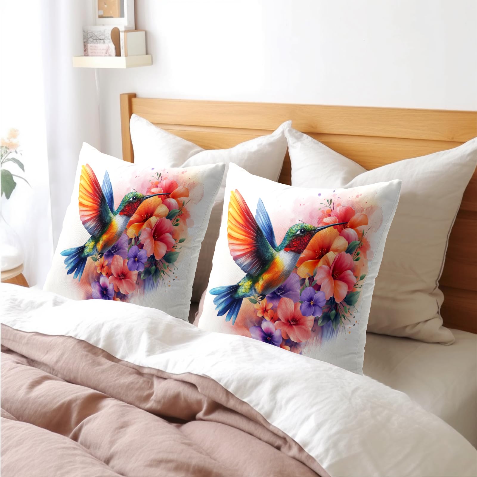 VAPOKF Confezione da 2 federe quadrate con colibrì blu acquerello, 45 x 45 cm, per decorazione primaverile, casa, divano, divano
