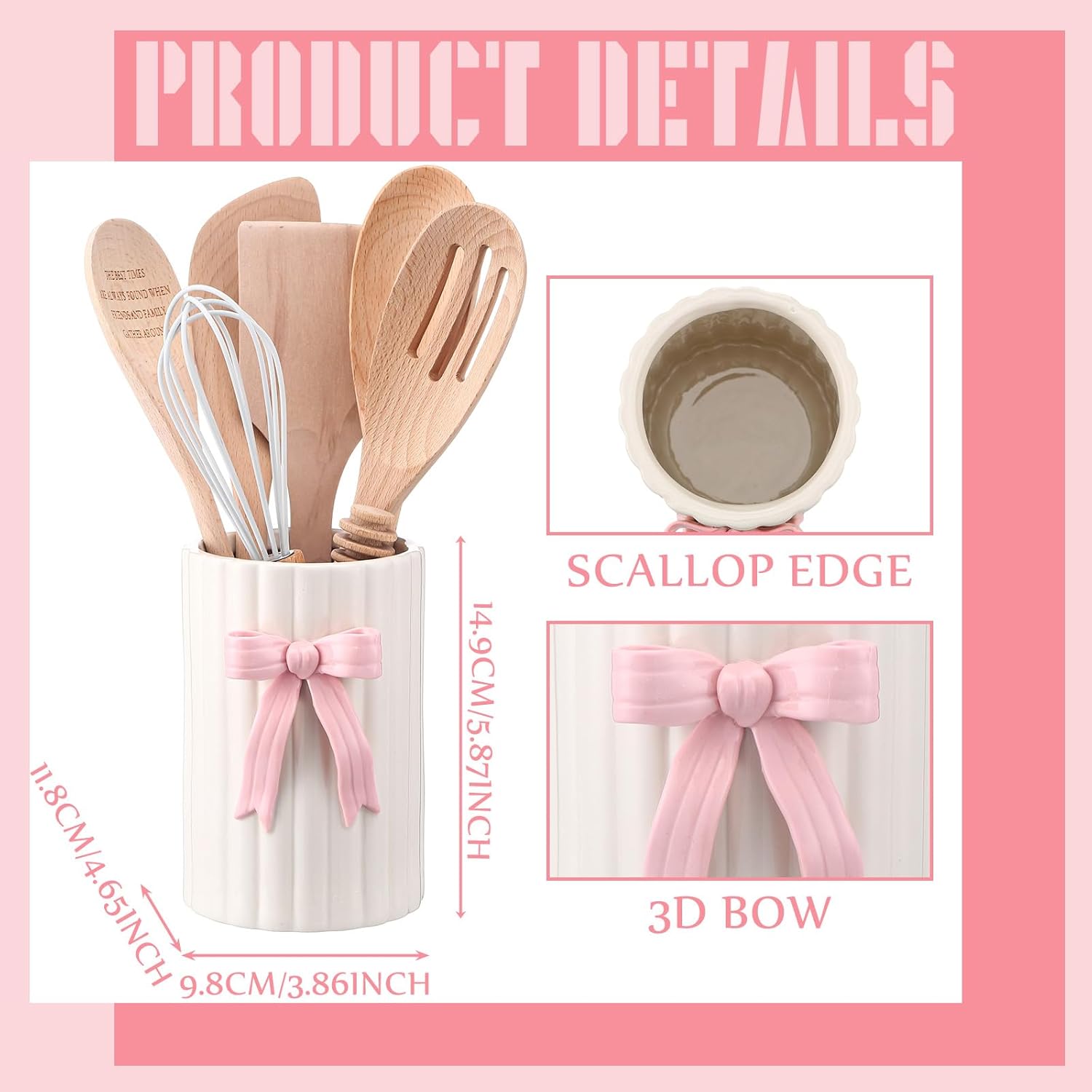 LemonRoad Pink Bow Ceramic Utensil Holder 3D Coquette Handmade Pink Kitchen Decor Mothers Day Kitchen Gifts Cooking Utensil Crock with Scalloped Preppy Caddy Pen Holder Vase for Countertop Spoon