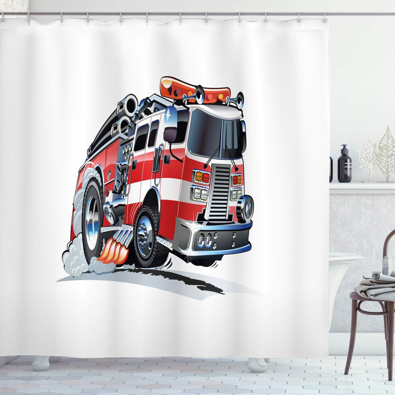 Ambesonne Truck Shower Curtain, Security of The Public Themed Speeding Vehicle Department Dangerous Job, Cloth Fabric Bathroom Decor Set with Hooks, 69" W x 84" L, Pale Blue Scarlet
