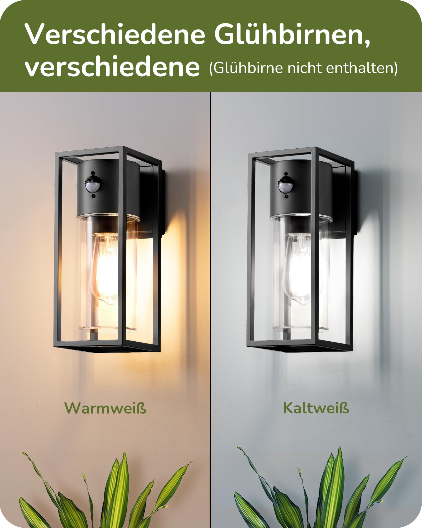 EDISHINE Zewnętrzna lampa ścienna z czujnikiem ruchu, gniazdo E27, wodoodporna IP44, lampa ścienna z aluminium i szkła hartowanego do ogrodu, balkonu, tarasu, frontu, żarówki nie są dołączone, czarna