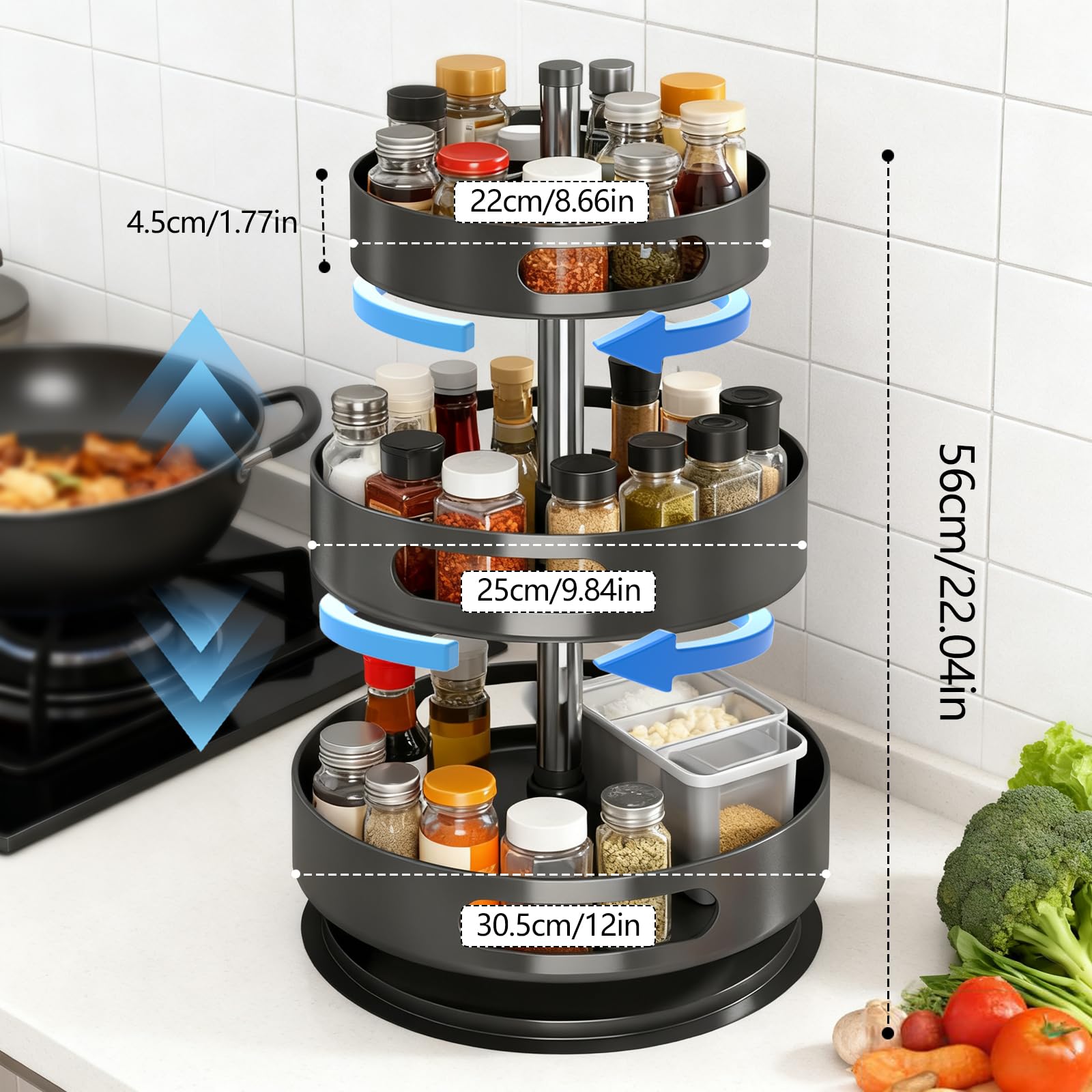 Portaspezie Girevole a 3 Livelli, Organizzatore Spezie in Metallo Lazy Susan per Armadietti, Porta Spezie Girevole per Cucina, Organizer Regolabile in Altezza per Cosmetici Bagno