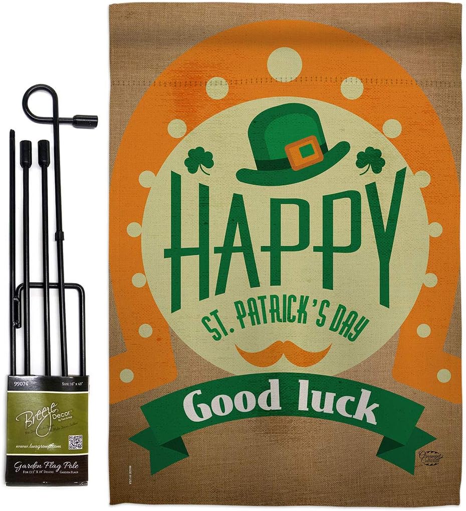 Good Luck St Patricks Day Garden Flag Set Wall Holder Springtime Patrick Shamrock Leprechaun Lucky Coin Holiday March Irish Clover Small Gift Yard House Banner Made In USA 13 X 18.5