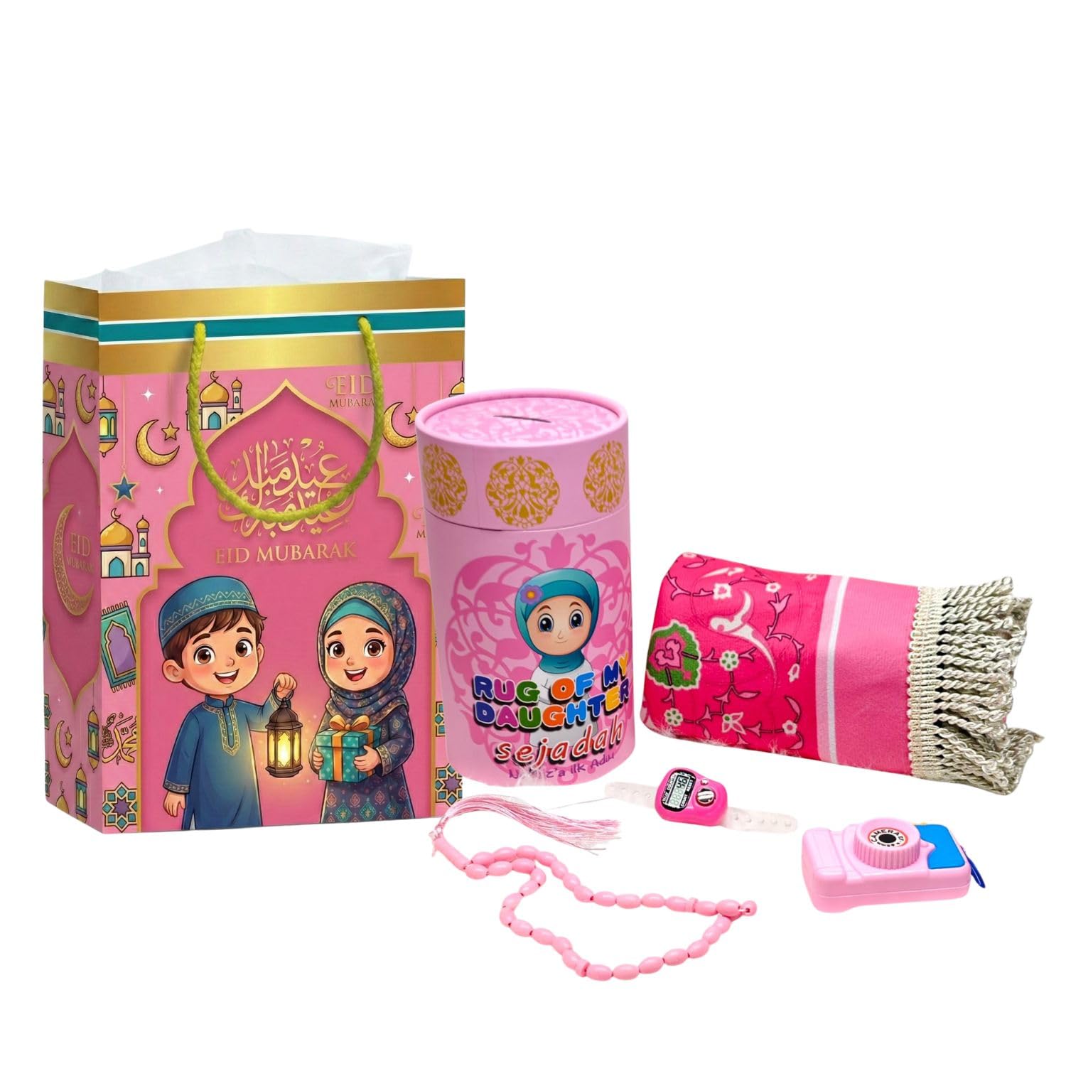 Eid Mubarak Gift Hamper for Girls, Islamic Prayer Set with Praying Rug, Tasbeehs, Money Bank, Toy Camera, Paper Bag, Ages 2-8 Years, Pink| Customize with Name-image-7