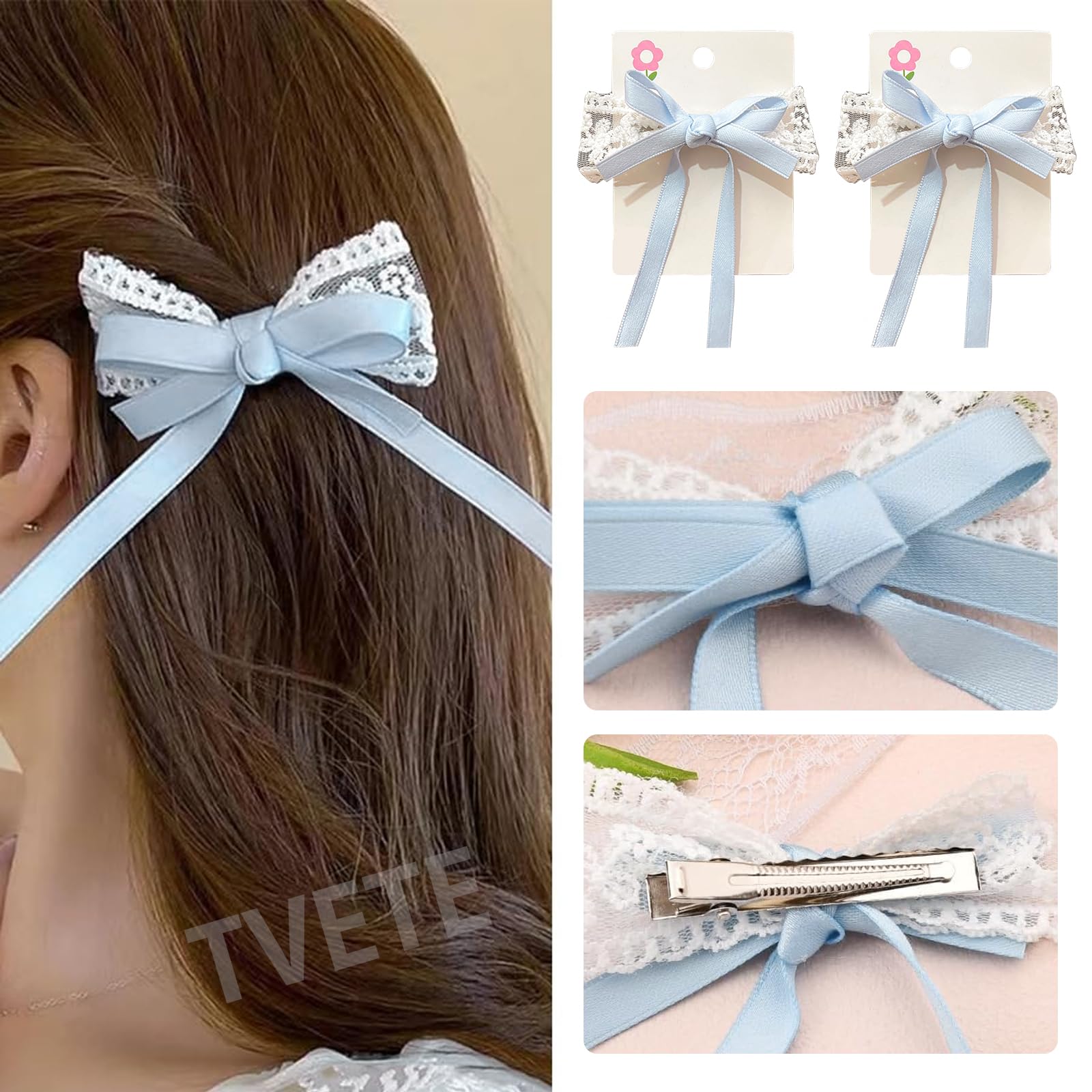 Amazon.co.jp: TVETE 水色 髪飾り リボン ヘアクリップ 【2個入り