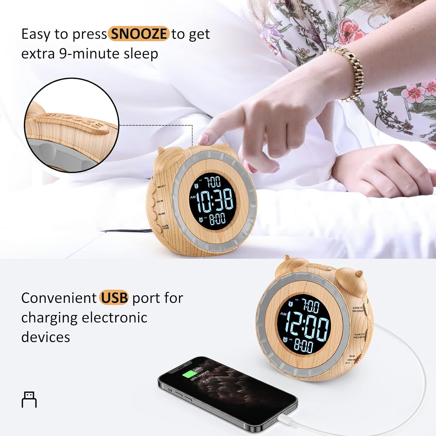 USCE Dual Extra Loud Alarm Clock vs Standard: Wake with a Shake, 0-100% Dimmer