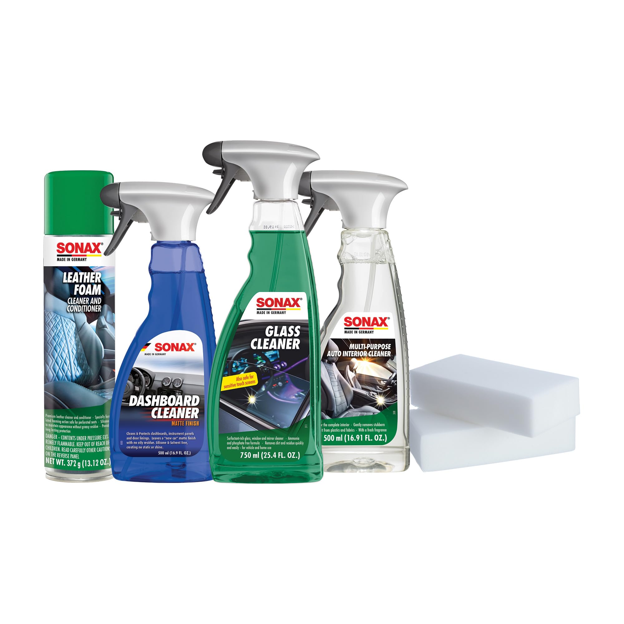 SONAX Premium Auto Interior Kit | 5-Piece Complete Interior Cleaning Set | Dashboard Cleaner, Leather Foam, Upholstery & Carpet Cleaner, Glass Cleaner & Dirt Eraser | Professional Car Detailing Kit