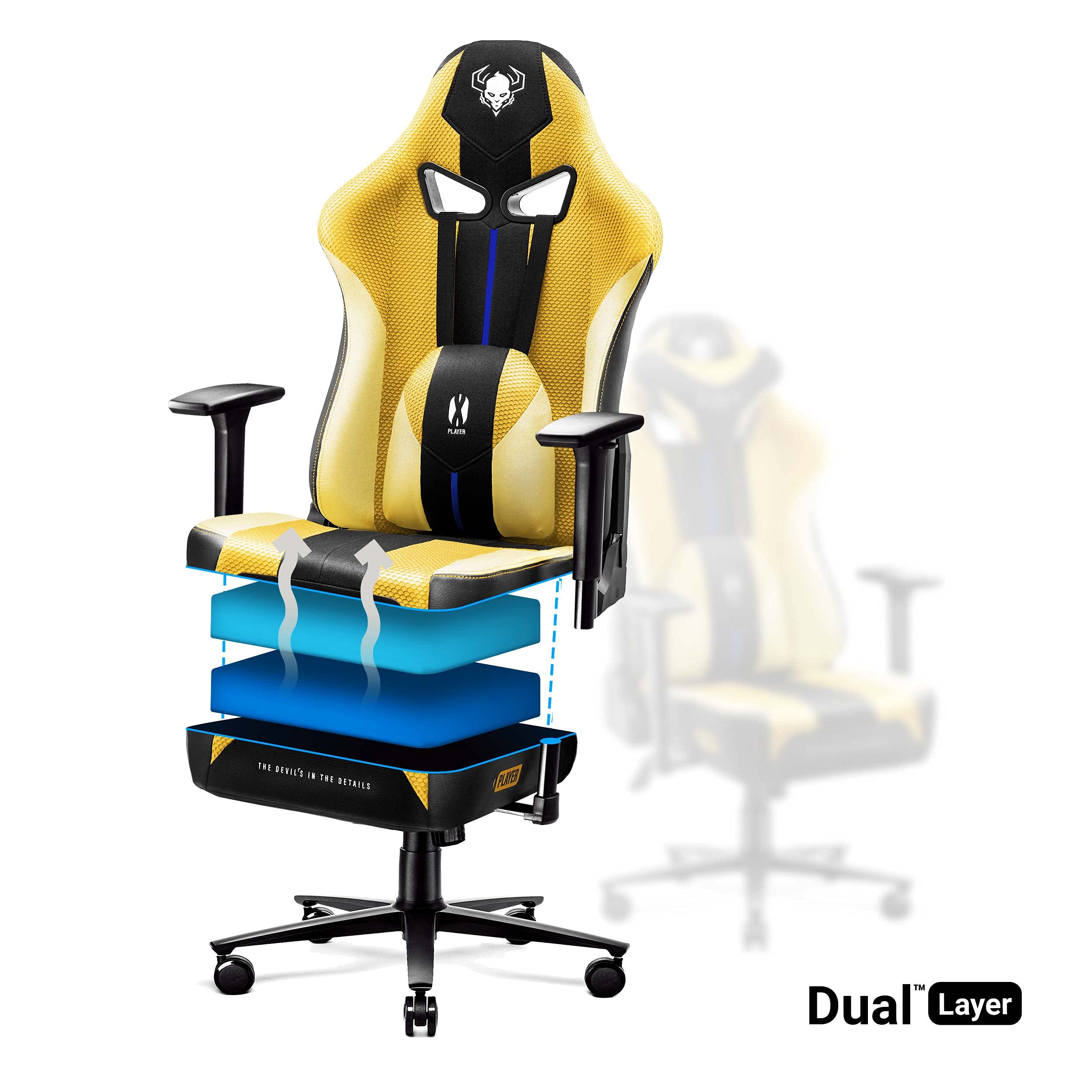 Diablo Sedia da Gaming in Tessuto X-Player 2.0 - Gaming Chair Ergonomica con Braccioli 3D - Cuscino Cervicale/Lombare Funzione Dondolo - Sedia per PC, Poltrona Gaming, Sedia Ufficio 160 kg - King (XL)
