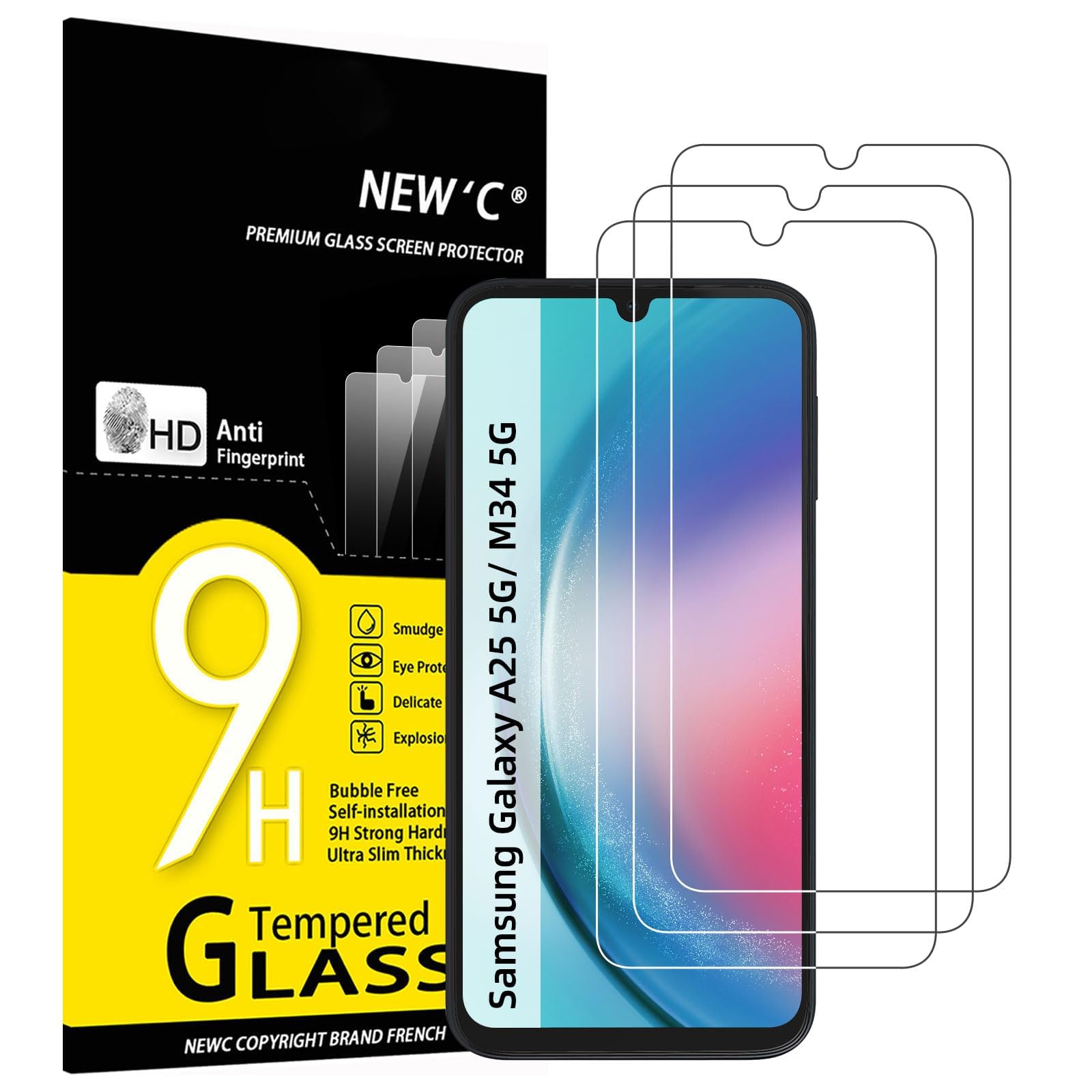 NEW'C 3 sztuki Szkło dla Samsung Galaxy A25 5G, M34 5G Hartowane i Folia Ochronna Ochraniacz Ekranu - Bez pęcherzyków powietrza, odporność na zarysowania