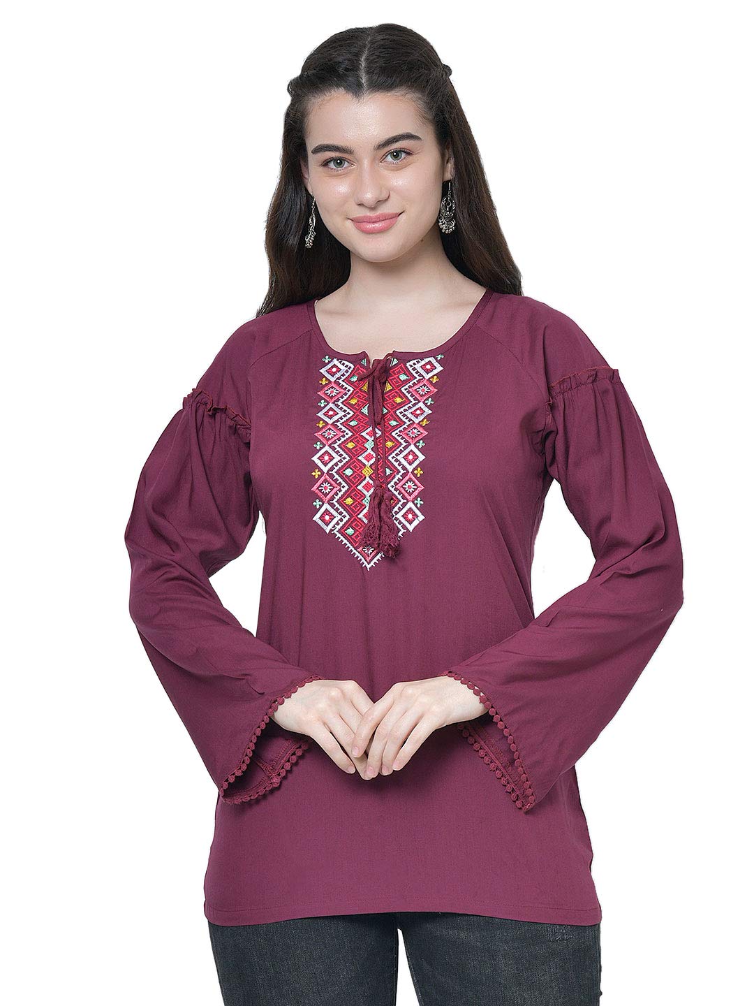 nafs Casual Embroidered Regular Full Sleeve Rayon Maroon Top for Women-picture-48