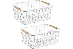 LeleCAT Pantry Organization Baskets White Set of 2 with Wooden Handles