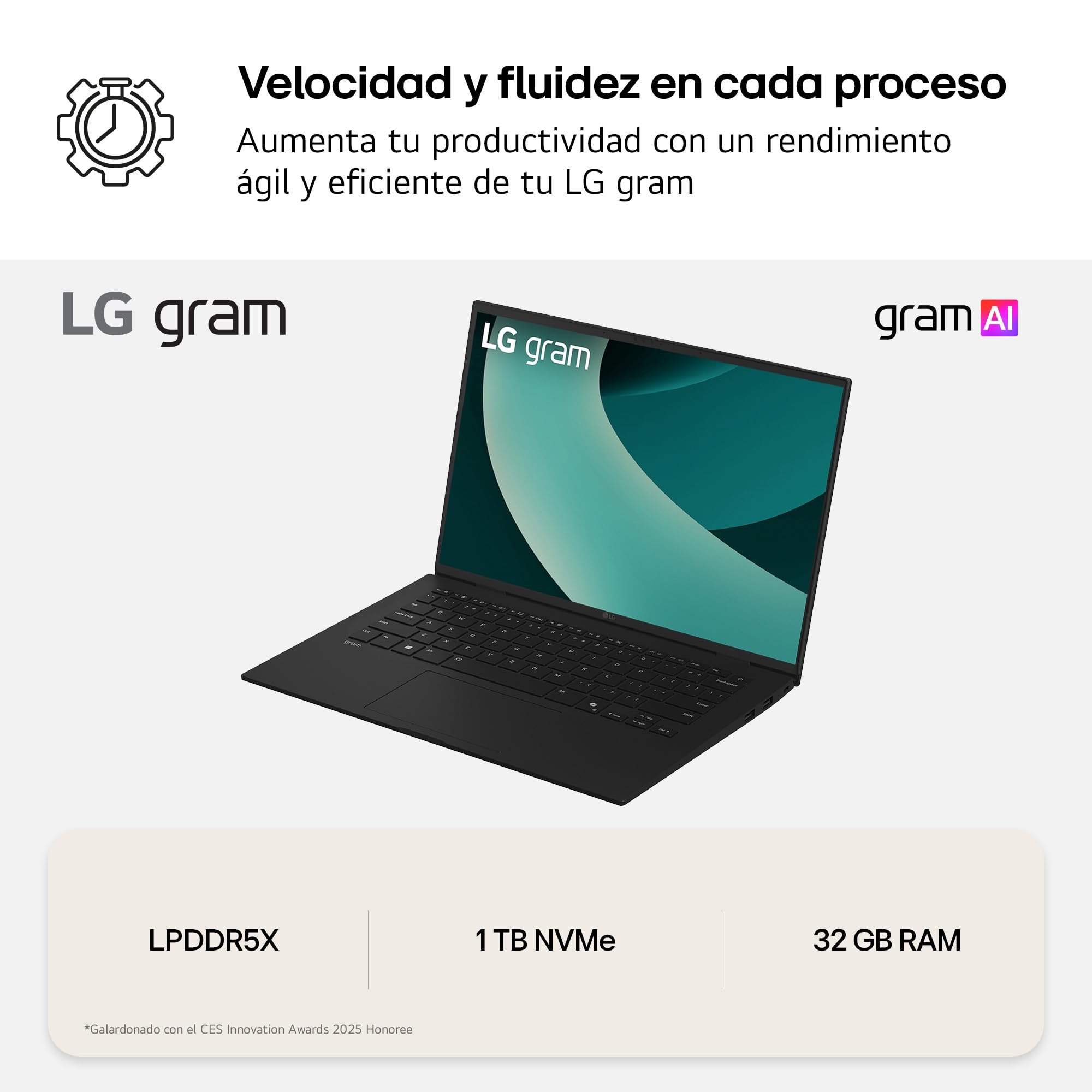 LG gram 16Z90T-G.AD88B Portátil 16 Pulgadas, WQXGA IPS, Intel Core Ultra7, 3GB RAM, 1TB SSD, 1.199 g, Antirreflejo, Batería hasta 22.5h, Windows 11, Negro