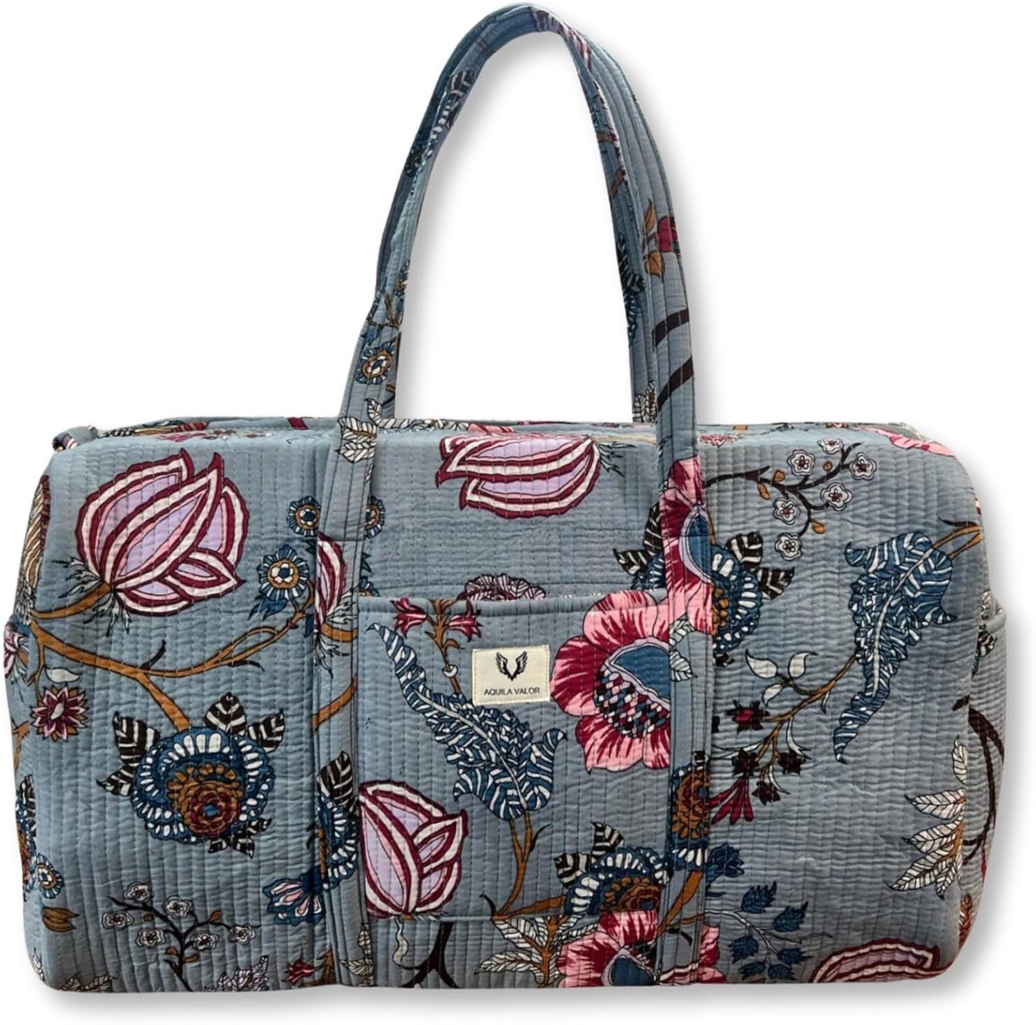 Quilted Floral Duffel Bag for Women – Cotton Weekender Travel Tote – Lightweight Carry-On Overnight Bag – Handmade Boho Gym Bag – Pregnancy Hospital Bag – Travel Duffel