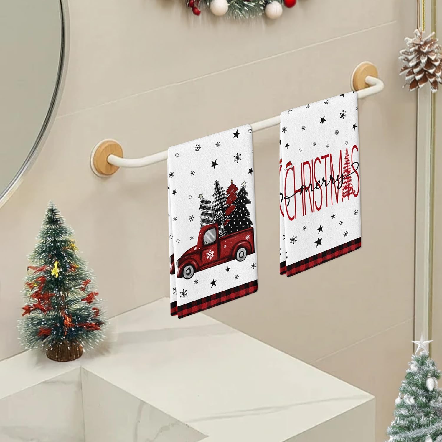 Christmas Hand Towel Set of 2, Red Truck Hand Towels, 18x26 Inch, Merry Christmas Tree Towel for Bathroom Home Kitchen, Soft Towel Red Buffalo Plaid Decoration, Winter Holiday Decor Towels - Image 6
