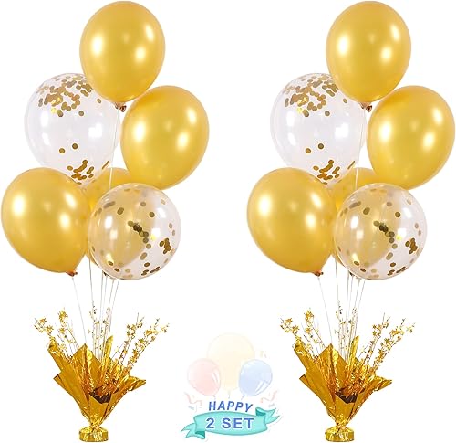 Juego de 2 soportes dorados para centros de mesa con globos dorados y de confeti para fiesta de cumpleaños, baby shower, boda, despedida de soltera,