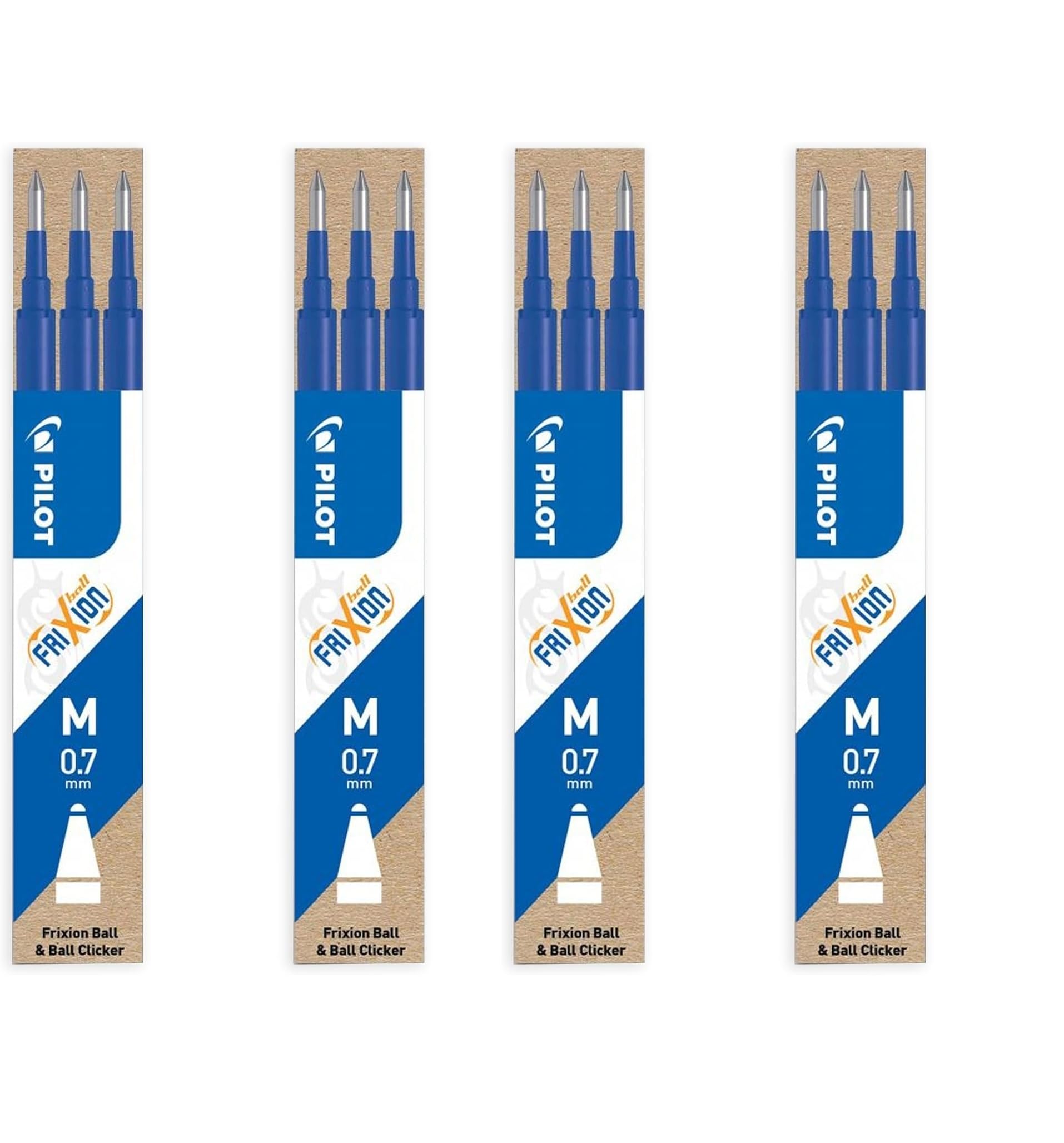 Pilot FriXion Ball Rollerball Pen Refills 0.7mm Tip Blue Ink - 4 Pack of 3 = 12 Refills in Total