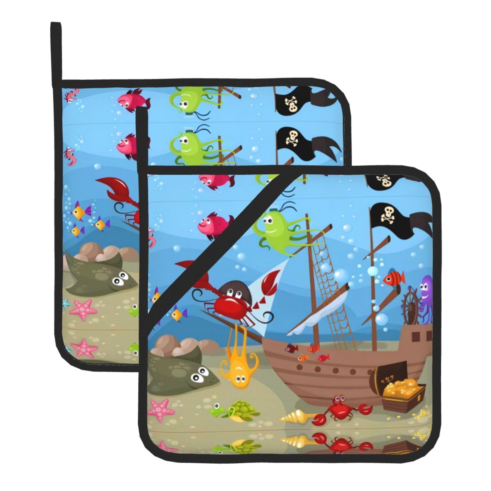 WHJDPP Ocean Underwater Fish Prints Square Hot Pads for Kitchen - Waterproof Pot Holders Set of 2, Durable Trivets with Pocket & Hanging Loop for Hot Dishes & Oven Use