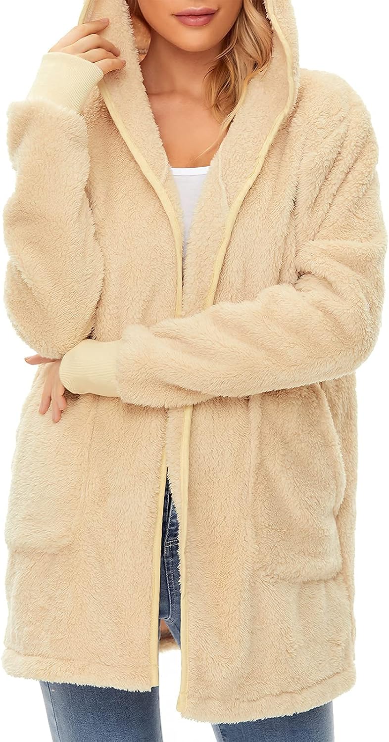 Century Star Women Fleece Cardigan Hooded Loose Fuzzy Cardigan Coat Womens Fuzzy Jacket Outwear