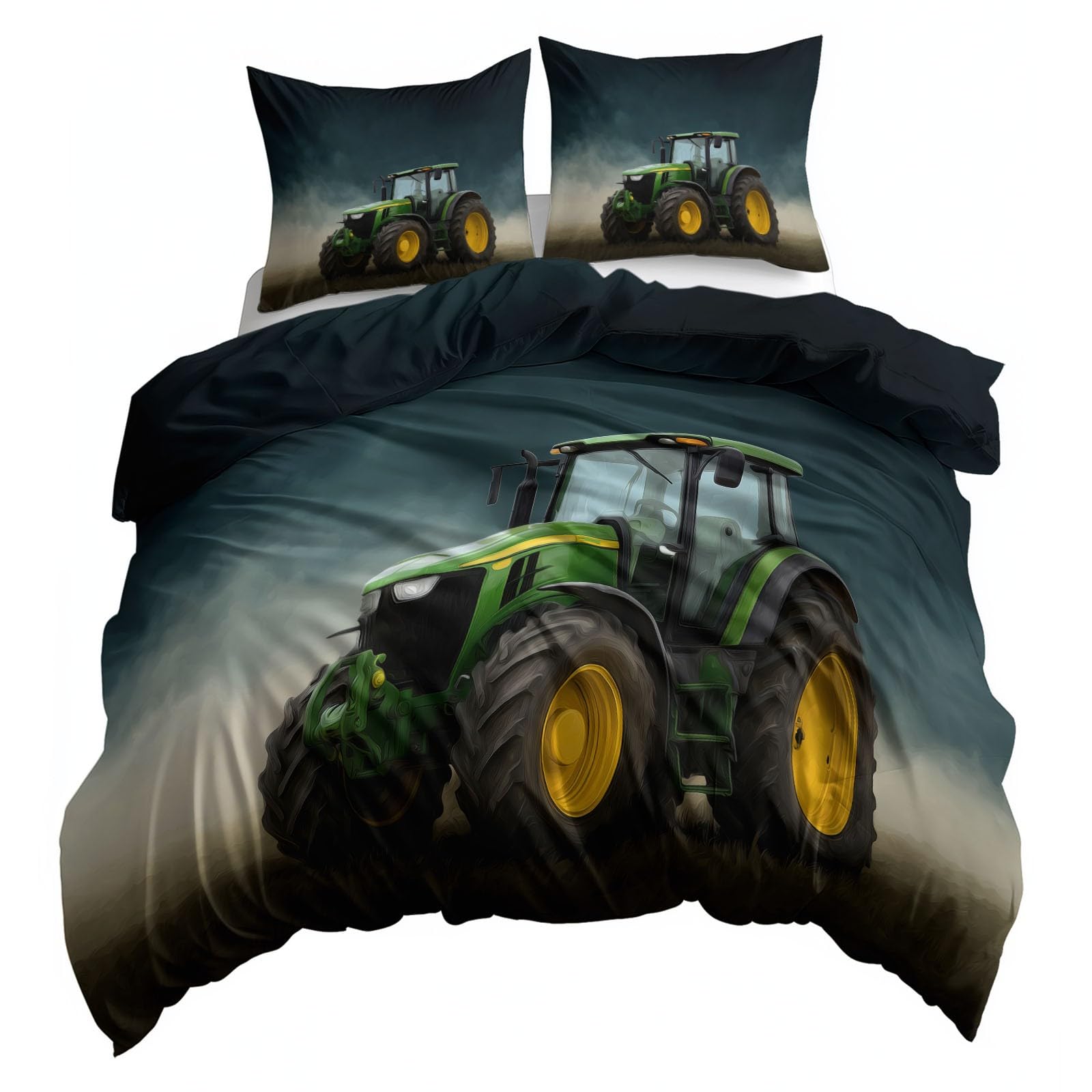 Generisch Bettwäsche 155x220cm Grüner Traktor Bettwäsche Set, Weich Atmungsaktiv Mikrofaser 3teilig Bettbezug für Schlafzimmer Kinderzimmer, mit 2 Kissenbezüge 80x80 cm