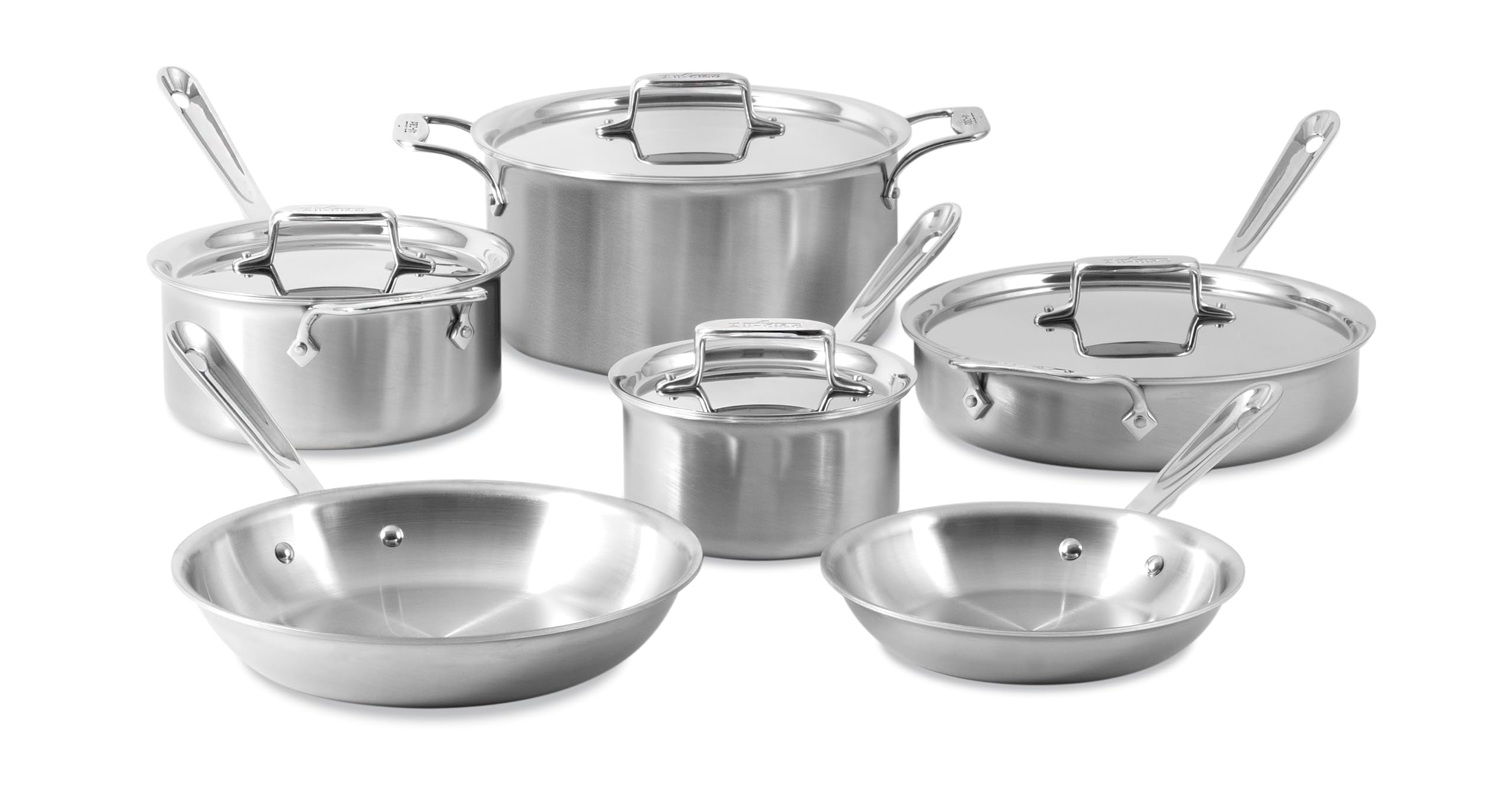 all-clad d5 brushed 5 ply stainless steel cookware set 10 piece w frying pans pots and pans set induction oven broiler safe 600f silver