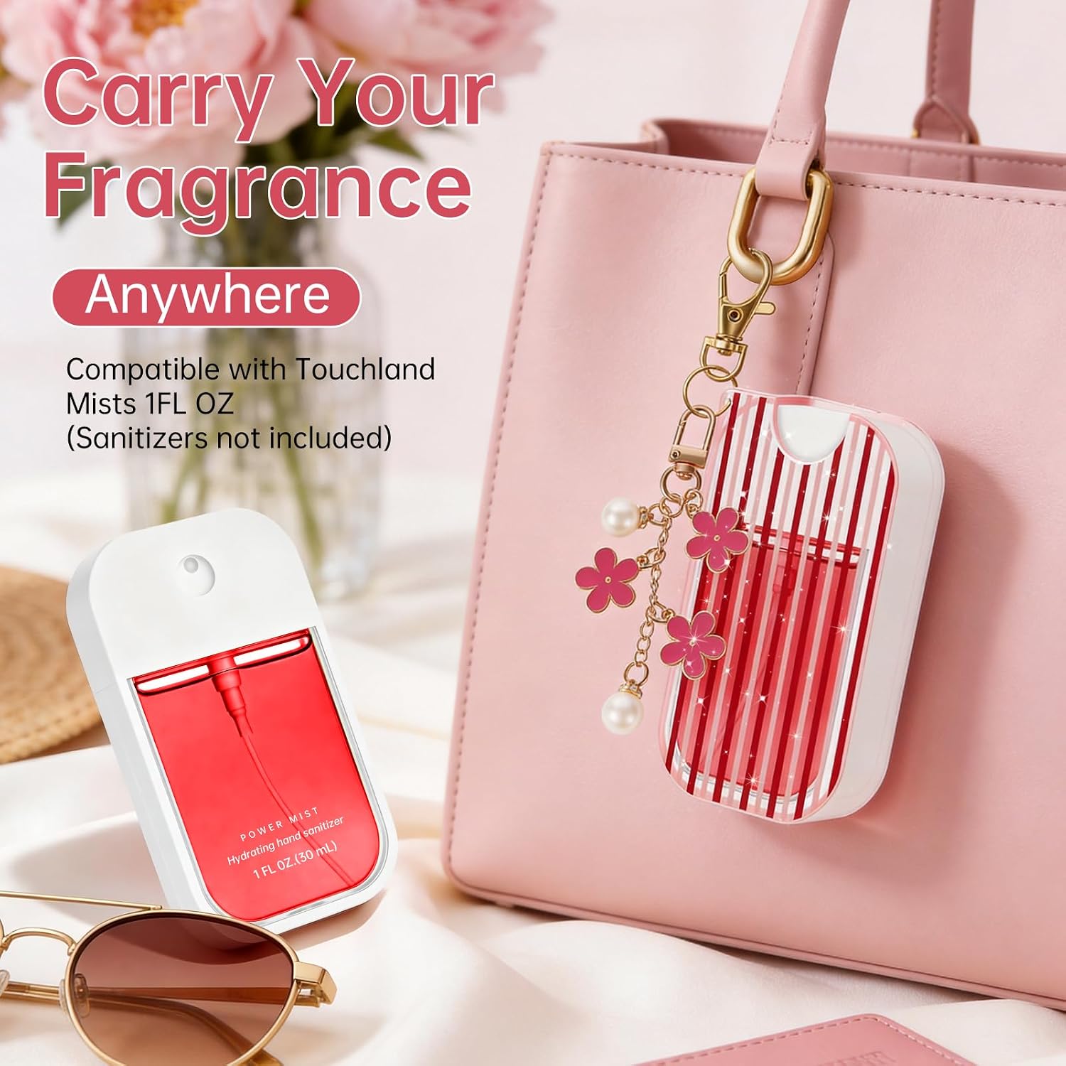 TPU Case for Touchland Hand Sanitizer Spray Mist 1 oz | Cute Striped Print Cover with Flower keychain Compatible Touchland Hand Sanitizer Spray case