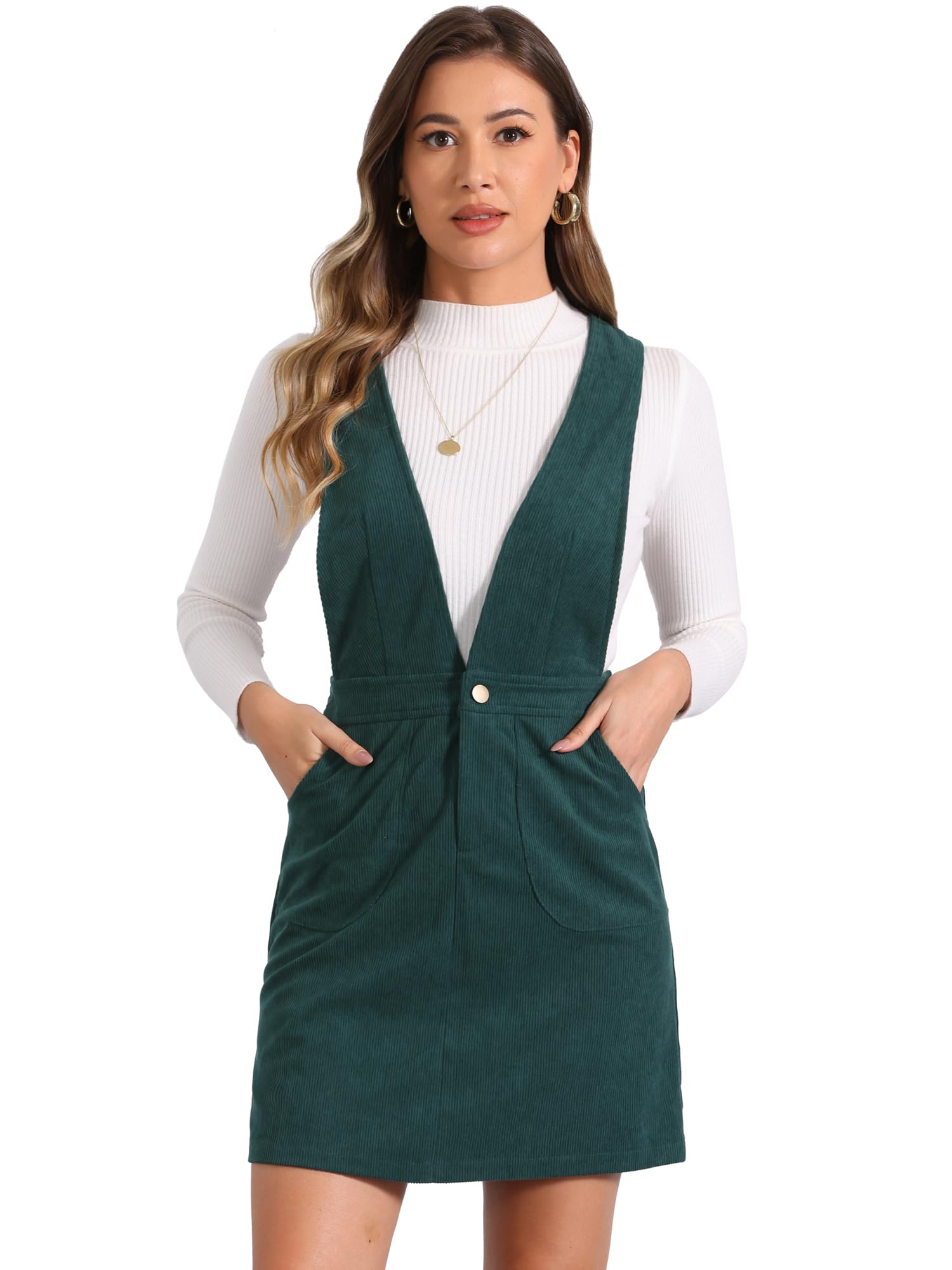 Allegra K Women's Corduroy Overall V Neck Strap Mini Pinafore Dress